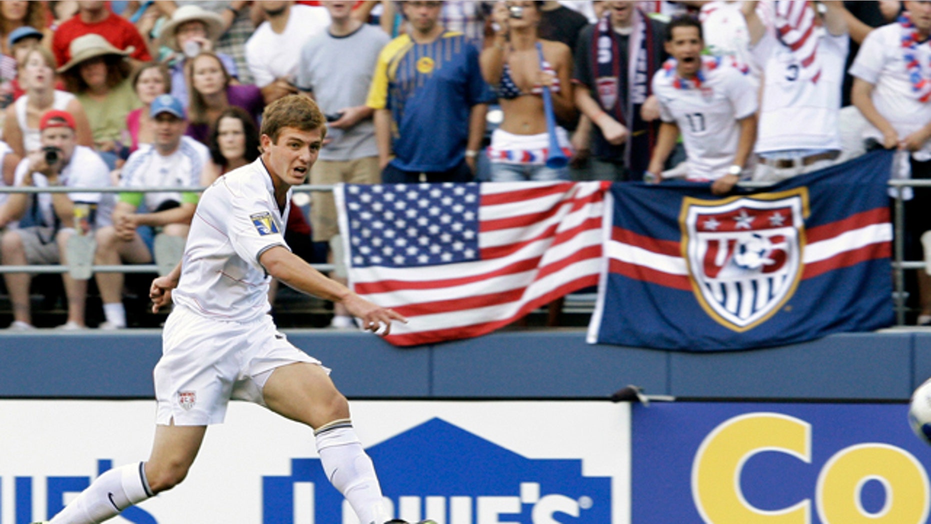 FILE: United States' Robbie Rogers kicks against Grenada in a CONCACAF Gold Cup match at Qwest Field in Seattle.