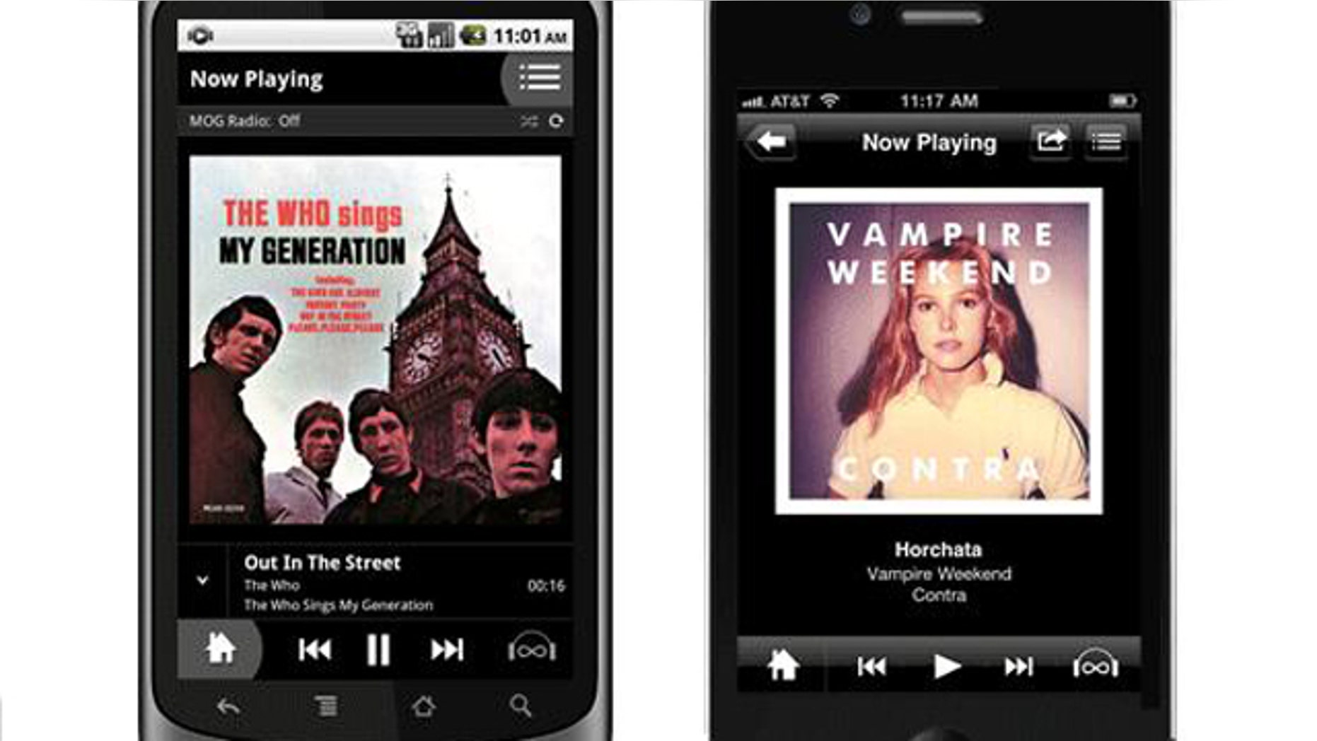 Music on demand service MOG -- seen here playing on a smartphone -- announced Tuesday that it was partnering with several companies to supply on demand, in-car entertainment.