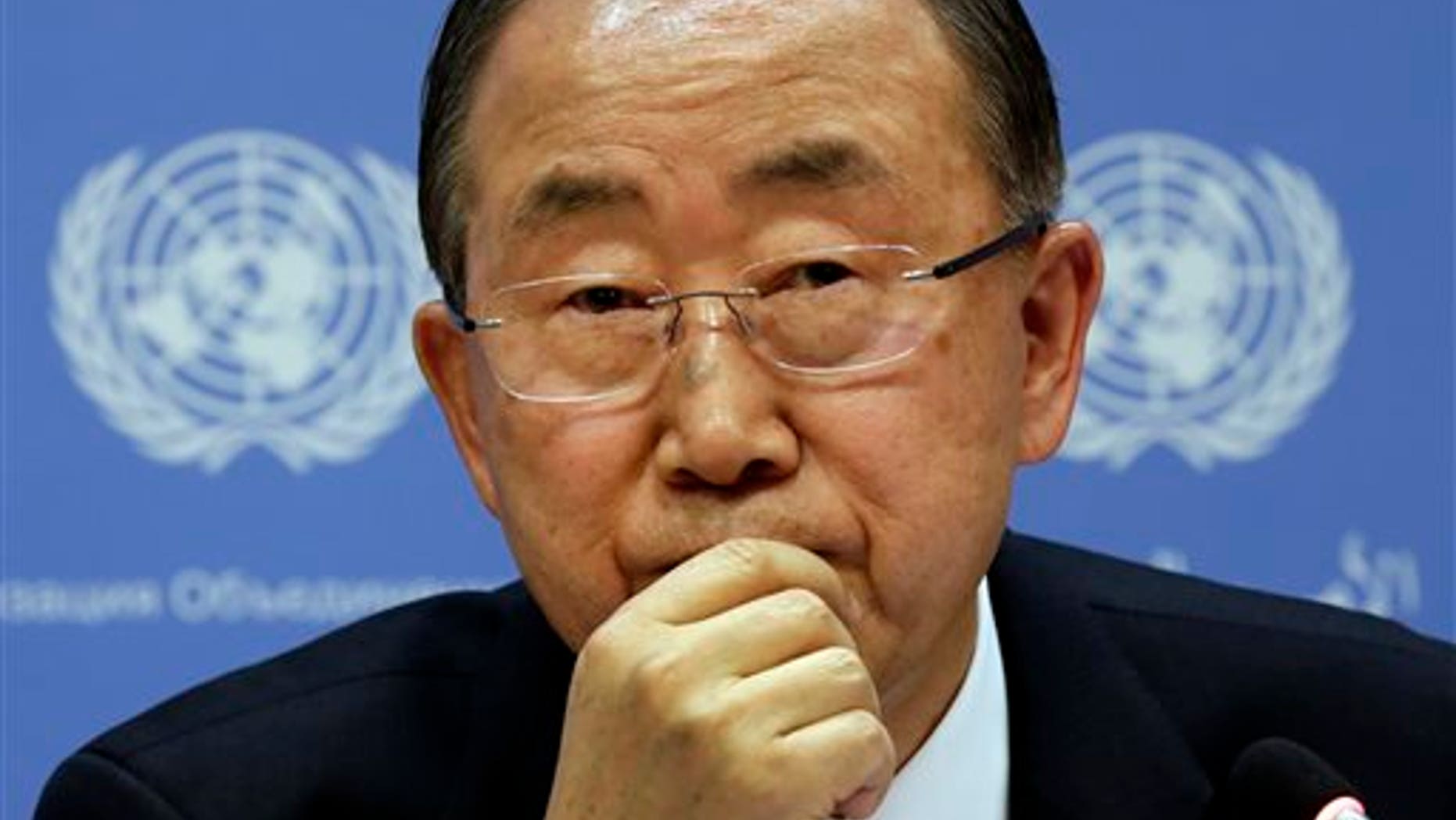 United Nations Secretary General Ban Ki-moon participates in a news conference, at United Nations headquarters, Tuesday, Sept. 16, 2014. (AP Photo/Richard Drew)