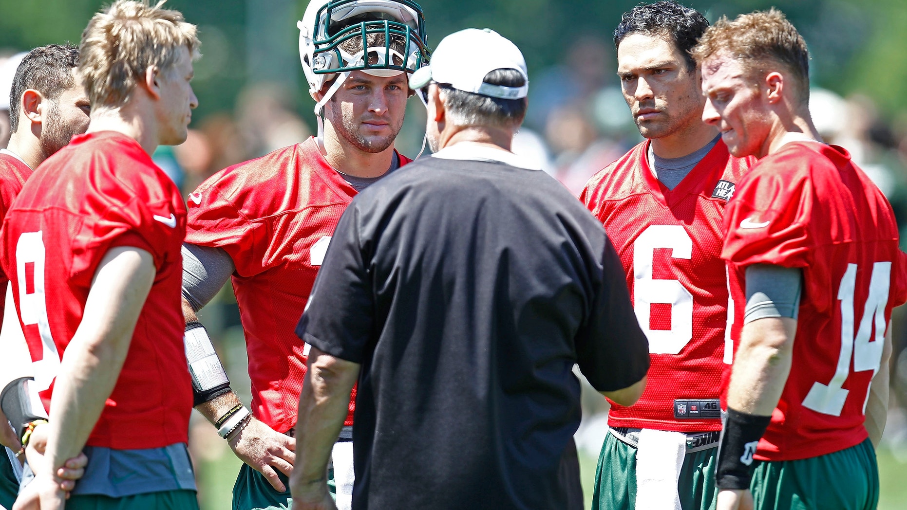 at an organized team activity at the New York Jets practice facility on May 24, 2012 in Florham Park, New Jersey.