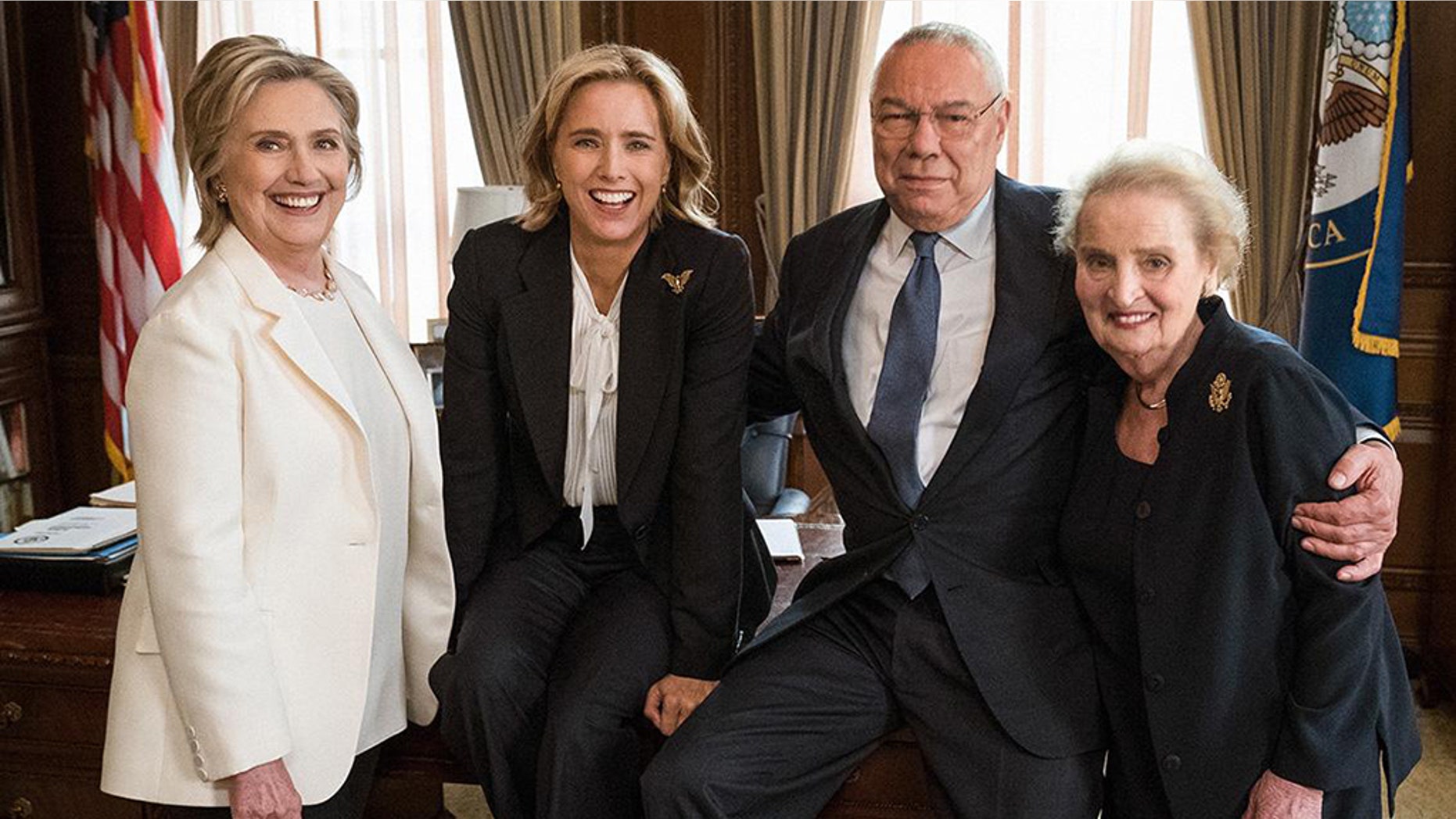Hillary Clinton, Colin Powell and Madeleine Albright with "Madam Secretary" star Téa Leoni.