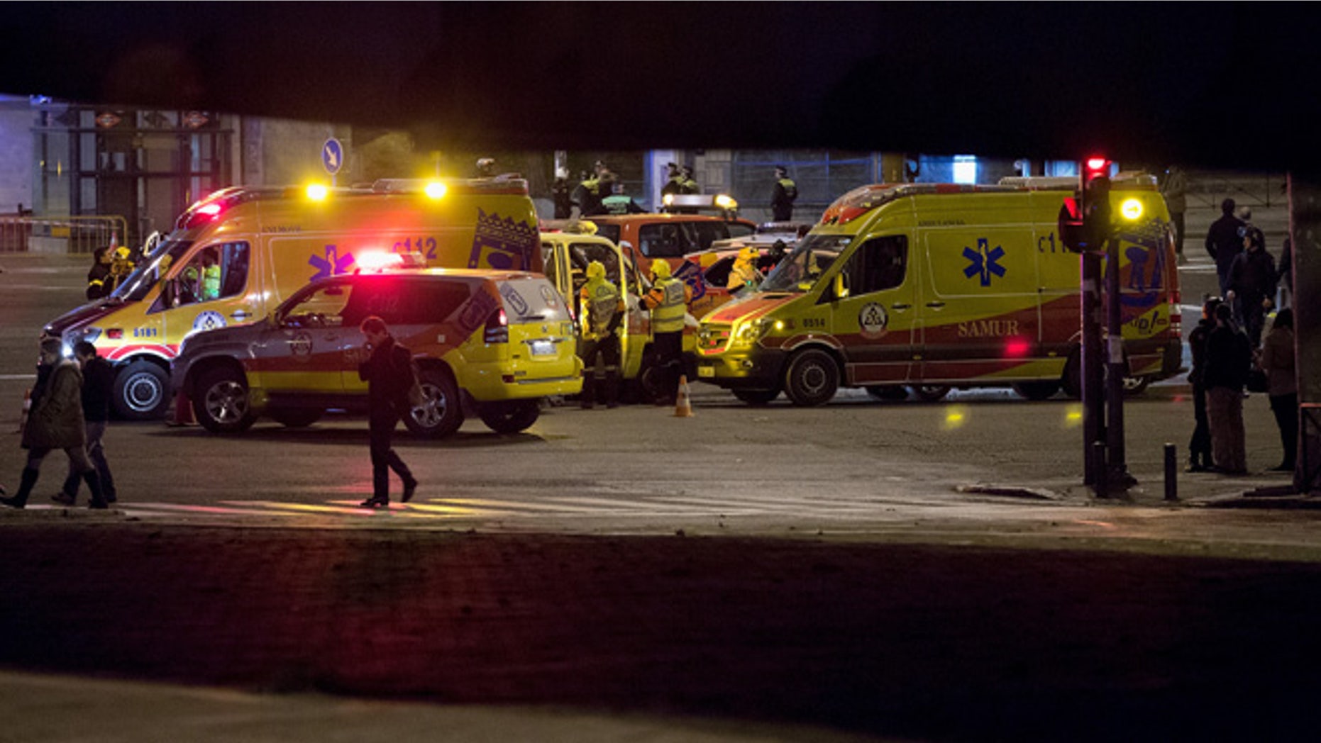 MADRID, SPAIN - JANUARY 08: Ambulances prepare to leave the area after a suspicious package which was thought to be a bomb was found not to be dangerous at Nuevos Ministerios Train Station on January 8, 2015 in Madrid, Spain. Twelve people were killed yesterday including two police officers, as two gunmen open fire at the offices of the French satirical publication Charlie Hebdo. French Police have made seven arrests in connection with the attack while further violence today included a gunman killing a policewoman in the southern suburb of Montrouge. (Photo by Pablo Blazquez Dominguez/Getty Images)