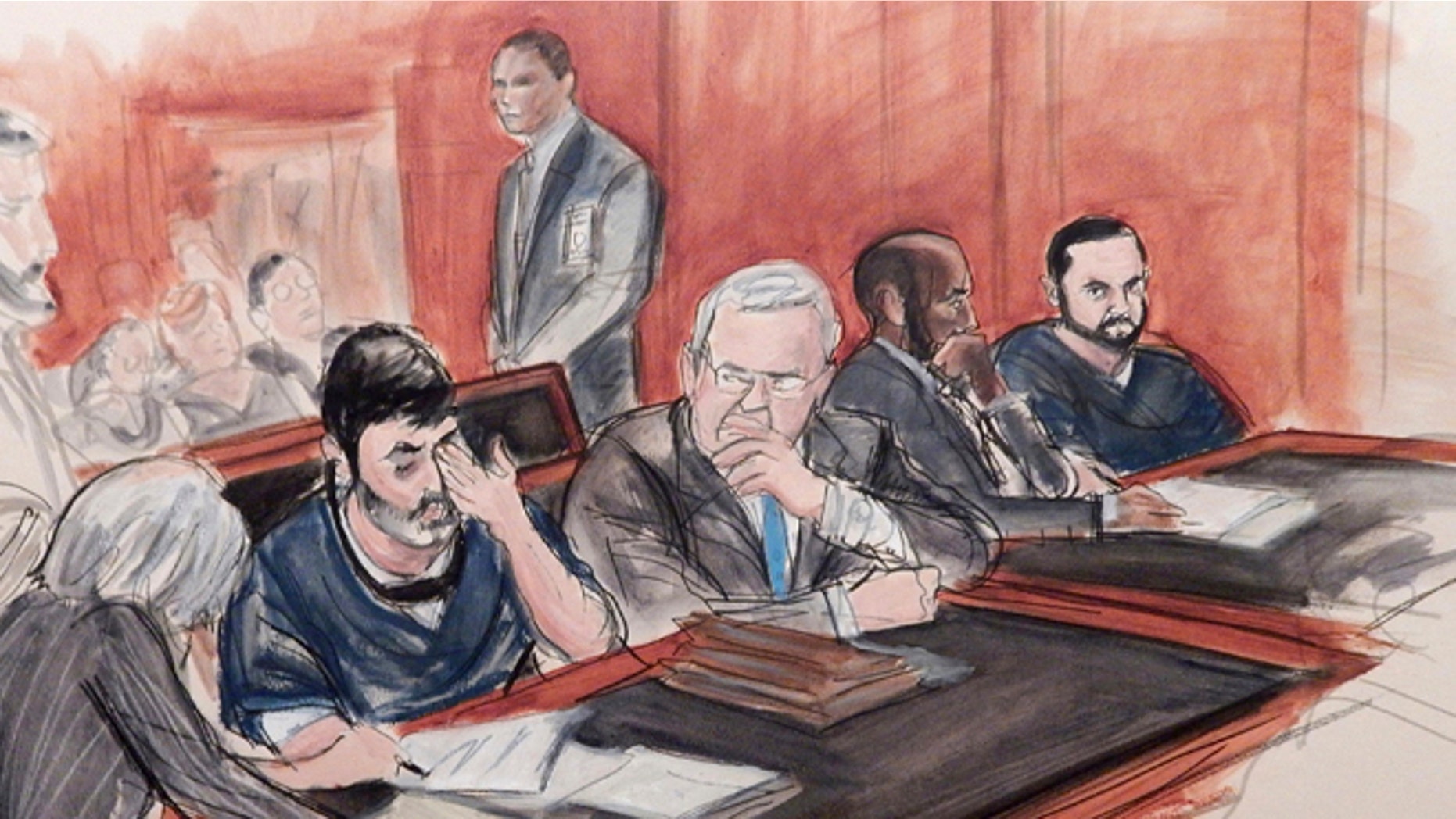 Efrain Antonio Campo Flores and his cousin Franqui Francisco Flores De Freitas, in a courtroom sketch.