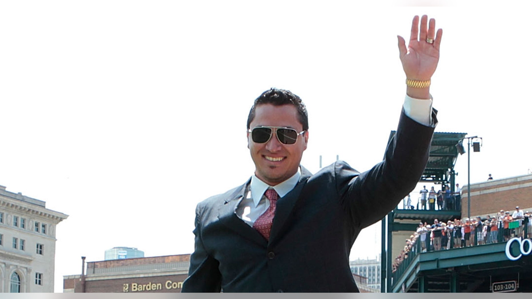 DETROIT, MI - JUNE 03: Former Detroit Tiger player Magglio Ordonez talks speaks to the fans and players on his retirement celebration prior to the start of the game between the New York Yankees and the Detroit Tigers at Comerica Park on June 3, 2012 in Detroit, Michigan. (Photo by Leon Halip/Getty Images)