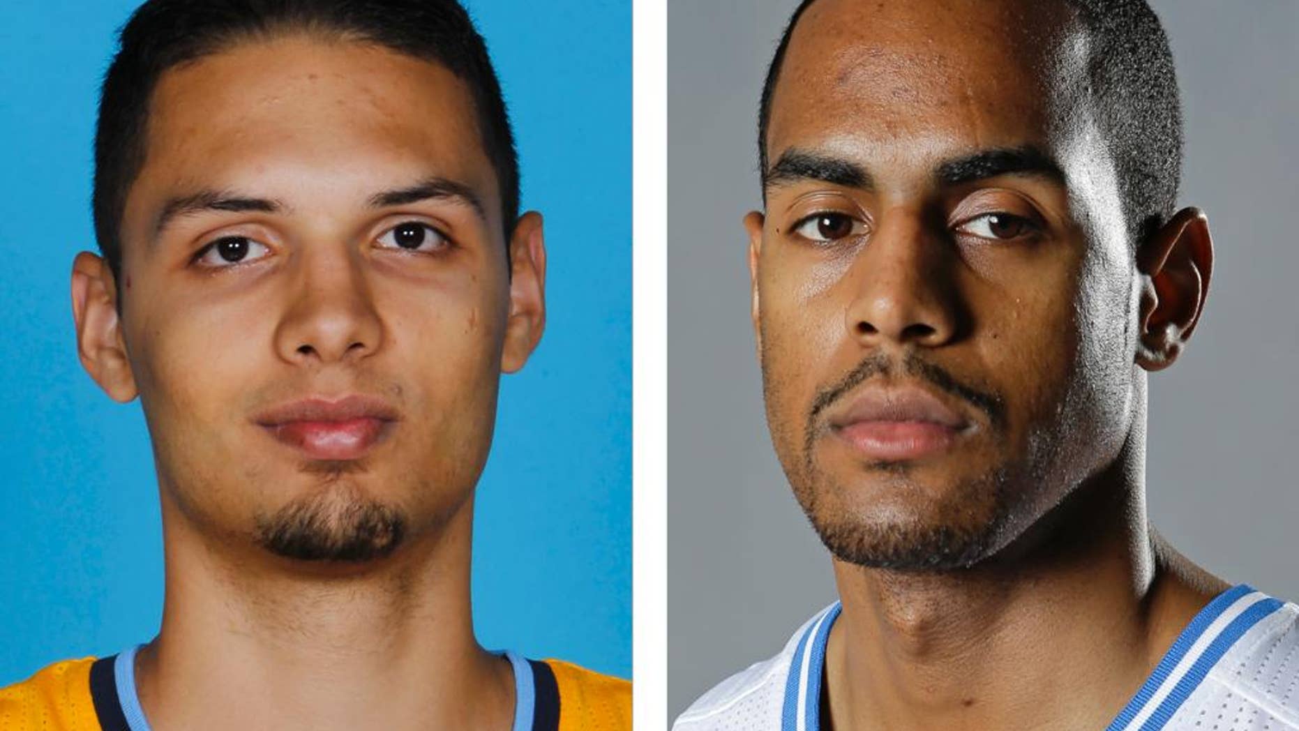 FILE - From left are Denver Nuggets NBA basketball player Evan Fournier in a 2012 file photo and Orlando Magic player Arron Afflalo, in a 2013 file photo. A person with knowledge of the situation says the Nuggets have acquired guard Arron Afflalo from the Magic for point guard Evan Fournier and the No. 56 pick in the draft. The person spoke to The Associated Press on condition of anonymity Thursday, June 26, 2014, because the deal has yet to be announced. (AP Photo/File)