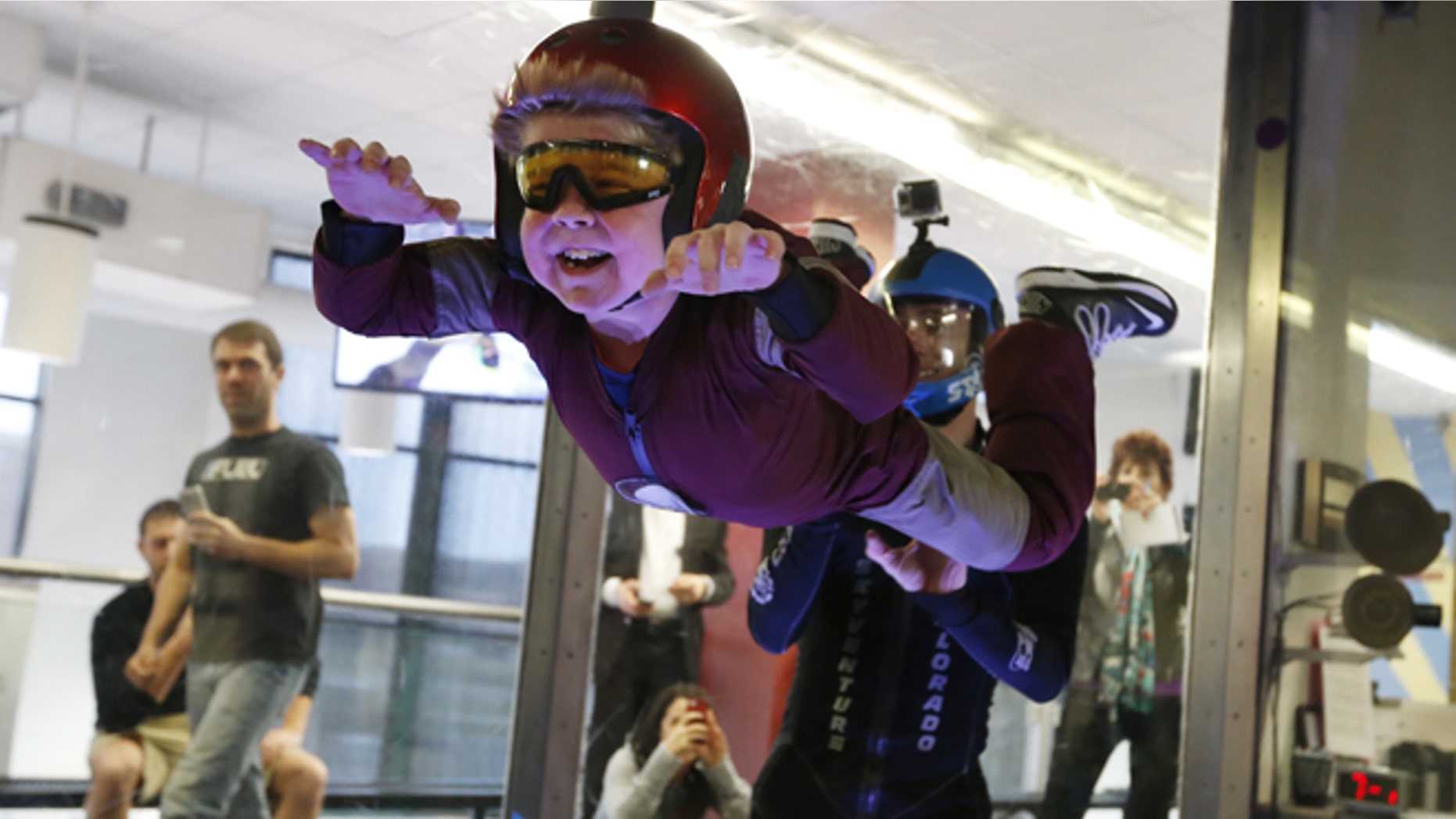April 15: Wearing an Iron Man costume, Max Vertin, 7, from Hastings, Neb., floats in a wind tunnel simulating free fall during a day hosted by the Make-A-Wish Foundation at SkyVenture Colorado in Lone Tree, Colo.
