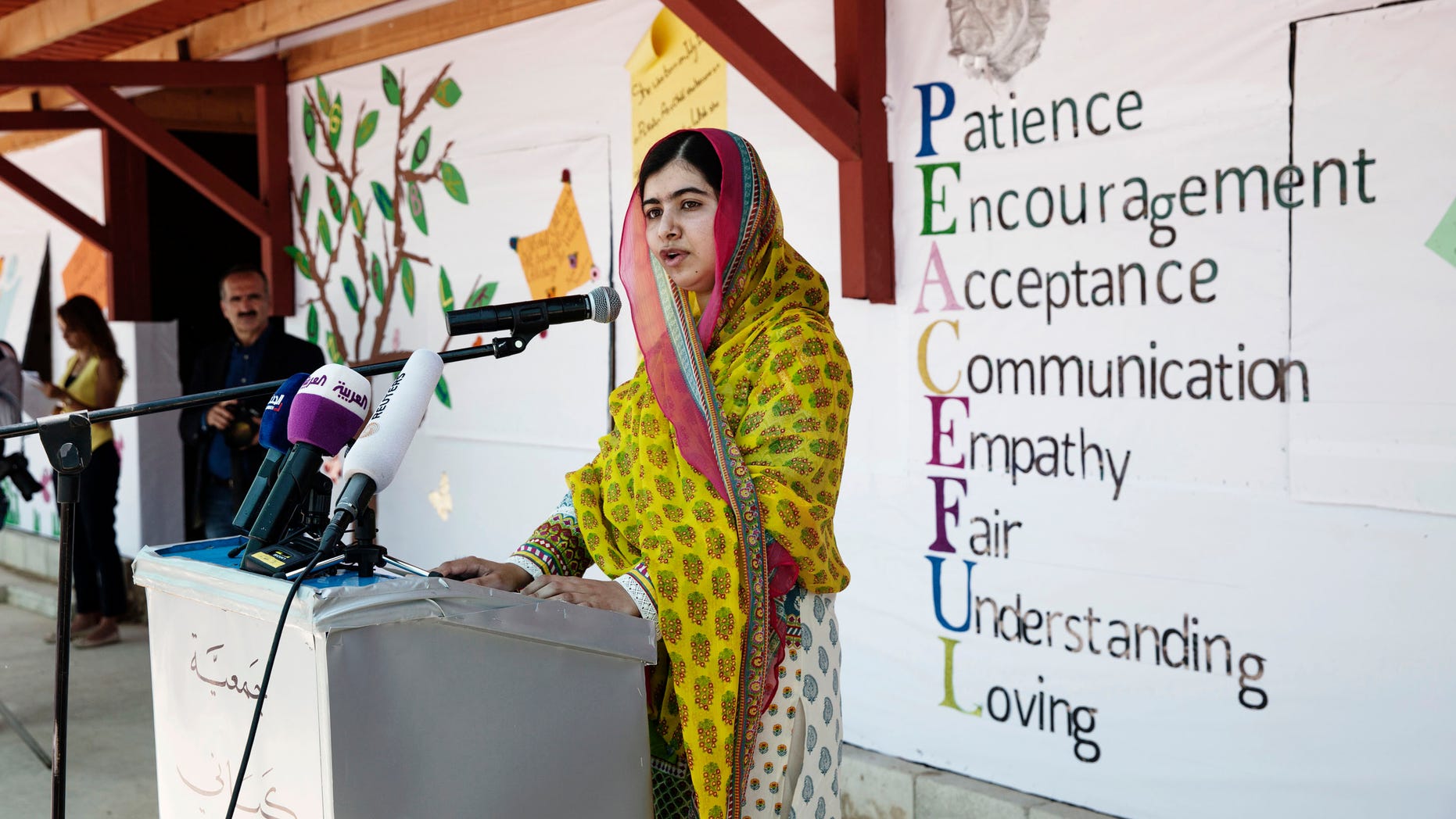 July 12, 2015 - Nobel Peace Prize winner Malala Yousafzai speaks during her visit to Bekaa Valley, east Lebanon. Yousafzai urged wealthy countries do more to help desperate Syrian war refugees, calling them "quite stingy."