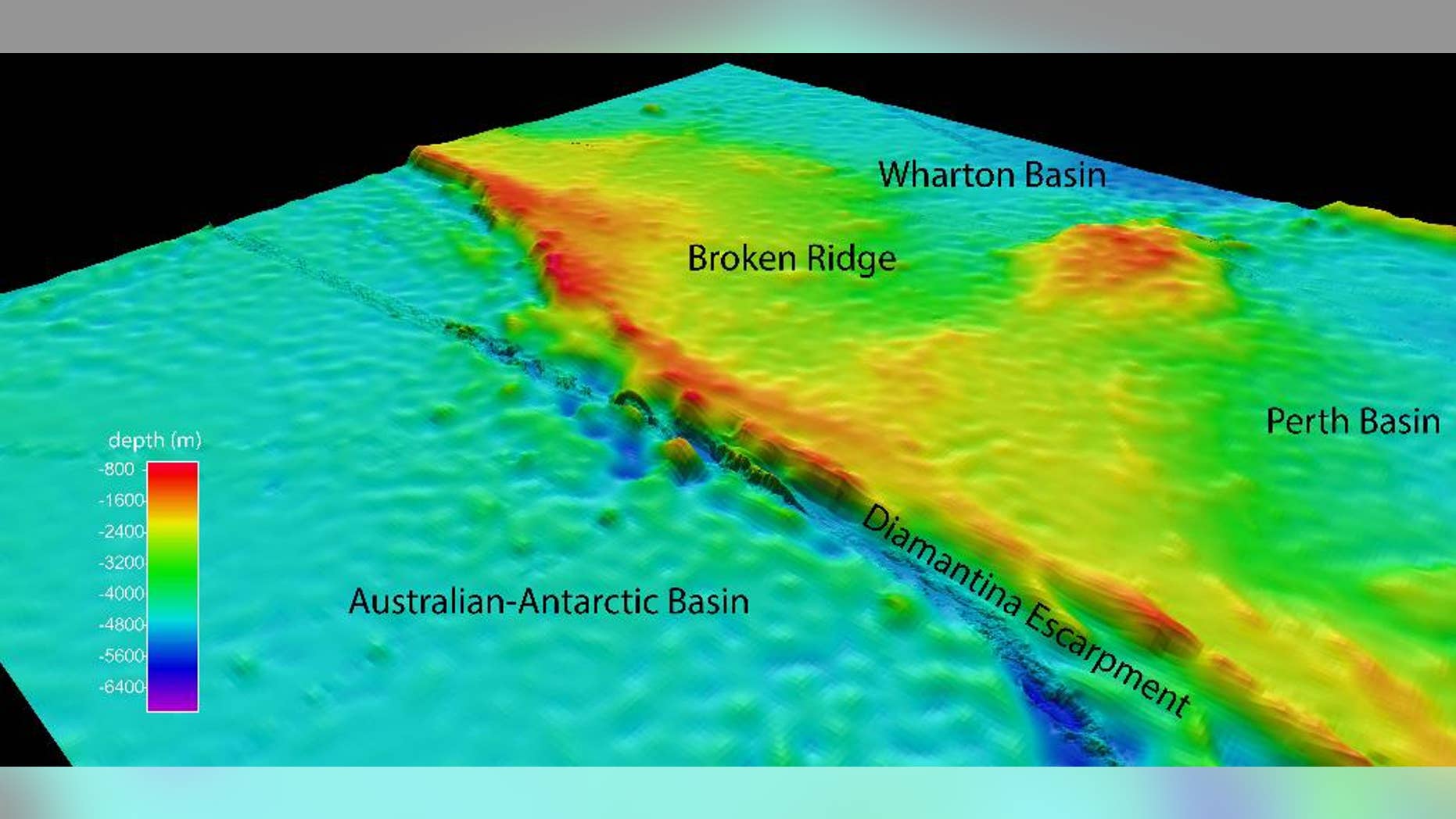 This undated graphic provided by Commonwealth of Australia (Geoscience Australia) Dr. Robin Beaman, James Cook University, shows the North-westerly view of the search area for the missing Malaysian Airlines Flight 370 at Broken Ridge, south-eastern Indian Ocean, which shows the Diamantina Escarpment dropping from about 800 meters to over 5000 meters in depth. Two miles under the sea where satellites and planes are looking for debris from the missing Malaysian jet, the ocean floor is cold, dark, covered in a squishy muck of dead plankton and - in a potential break for the search - mostly flat. The troubling exception is a steep, rocky drop ending in a deep trench. The sea floor in this swath of the Indian Ocean is dominated by a substantial underwater plateau known as Broken Ridge, where the geography would probably not hinder efforts to find the main body of the jet that disappeared with 239 people on board three weeks ago, according to seabed experts who have studied the area. (AP Photo/Commonwealth of Australia (Geoscience Australia) Dr Robin Beaman, James Cook University)
