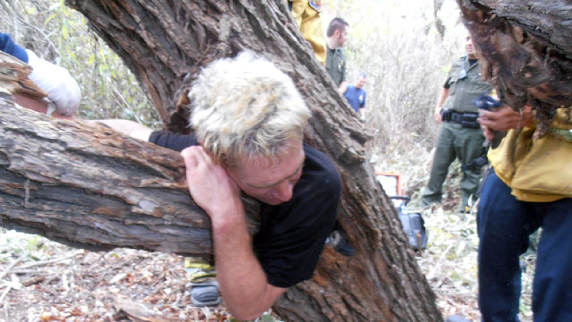October 25, 2011: This image provided by the Orange County Fire Authority shows officials and rescue personnel around a man who became stuck in a tree in Laguna Hills, Calif.