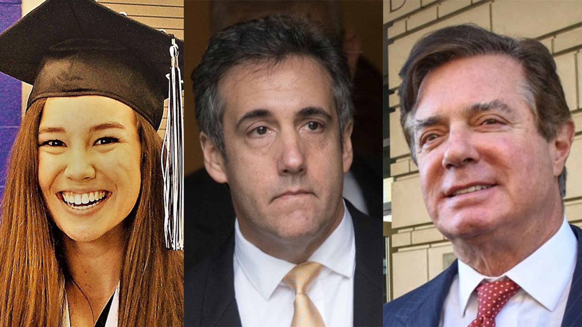 Former House Speaker Newt Gingrich says the murder of Iowa student Mollie Tibbetts (left) is more important than the convictions of Trump associates Michael Cohen (middle) and Paul Manafort (right).