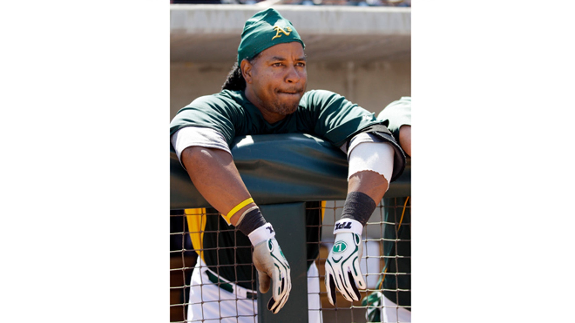 In this March 10, 2012, photo, Oakland Athletics' Manny Ramirez looks on from the dugout during a spring training baseball game against the Cincinnati Reds in Phoenix. Suspended slugger Ramirez is scheduled to begin a 10-game minor league stint with Triple-A Sacramento on Saturday, May 19, in Albuquerque, N.M. Barring rainouts, the designated hitter and outfielder is eligible to be activated by the Athletics from his 50-game suspension on May 30--his 40th birthday--for the finale of a weekend series at Minnesota. (AP Photo/Marcio Jose Sanchez)