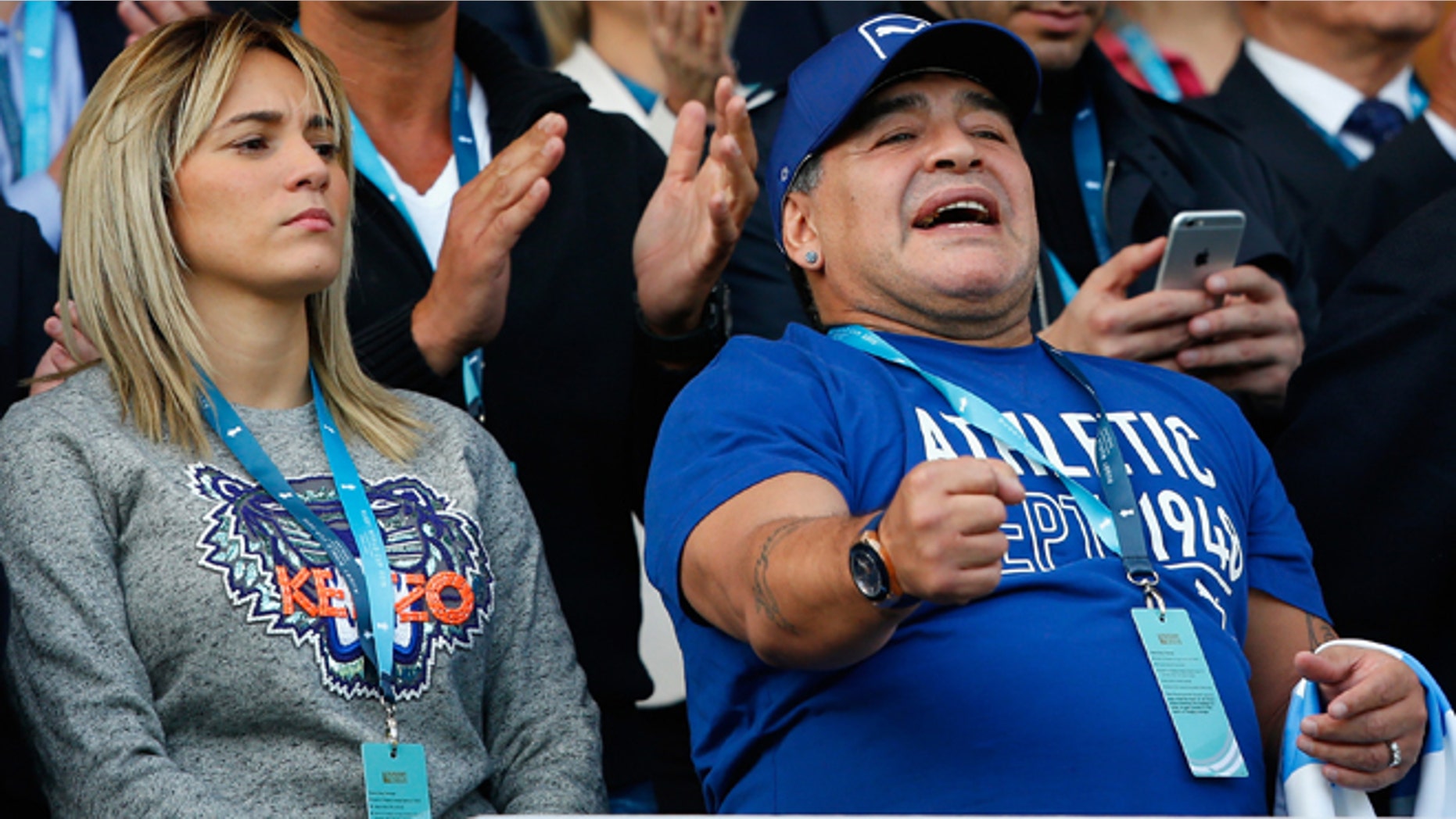 Diego Maradona is seen on the stand prior to the 2015 Rugby World Cup Pool C match between Argentina and Tonga in Leicester, United Kingdom, Oct. 4, 2015.