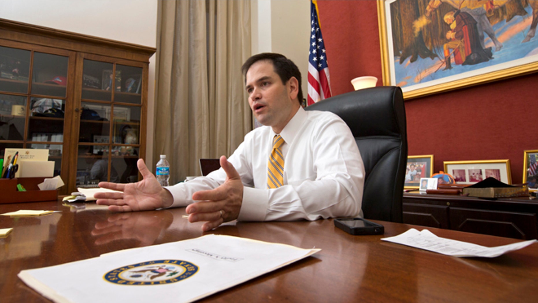 In this Feb. 7, 2013 photo, Sen. Marco Rubio, R-Fla., speaks with The Associated Press in his Capitol Hill office in Washington. In the nearly 100 days since President Barack Obama won a second term, the Florida senator has taken calculated, concrete steps to emerge as a next generation leader of a rudderless party and put a 21st Century stamp on the conservative movement. (AP Photo/J. Scott Applewhite)