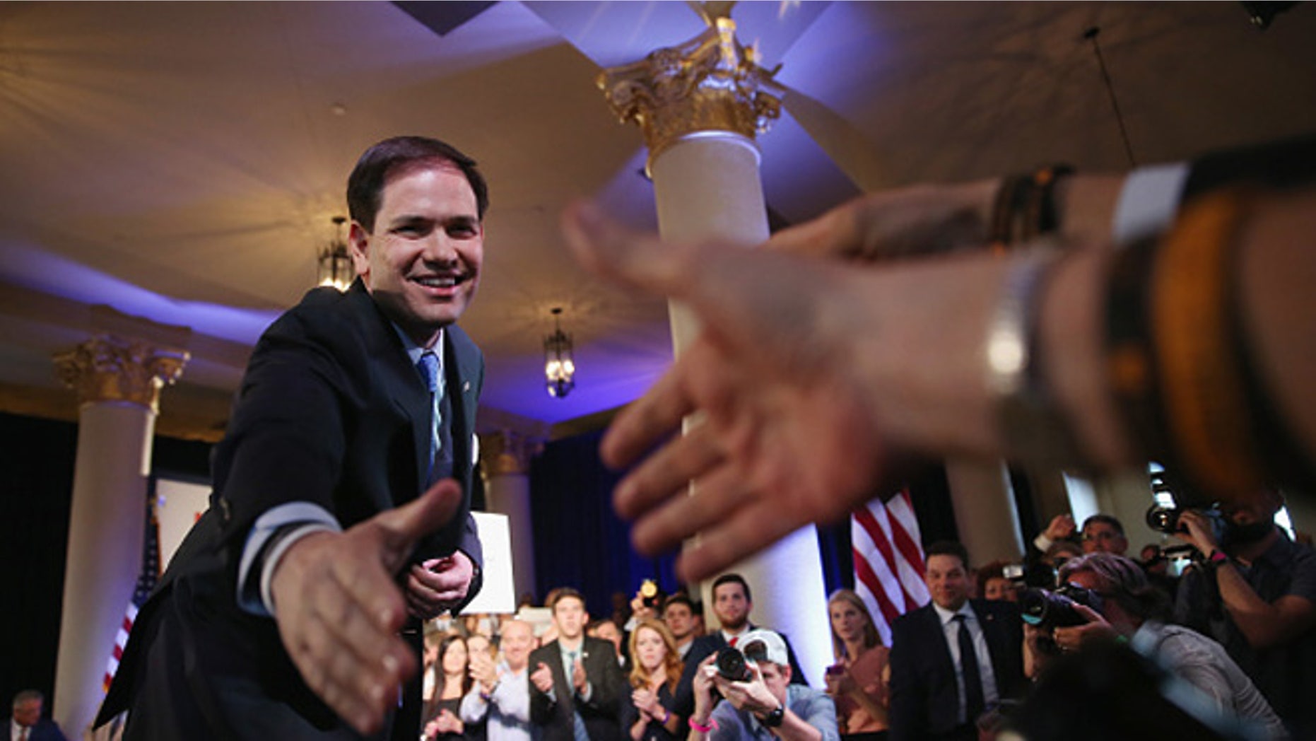 MIAMI, FL - APRIL 13: U.S. Sen. Marco Rubio (R-FL) greets people after announcing his candidacy for the Republican presidential nomination during an event at the Freedom Tower on April 13, 2015 in Miami, Florida. Rubio is one of three Republican candidates to announce their plans on running against the Democratic challenger for the White House.