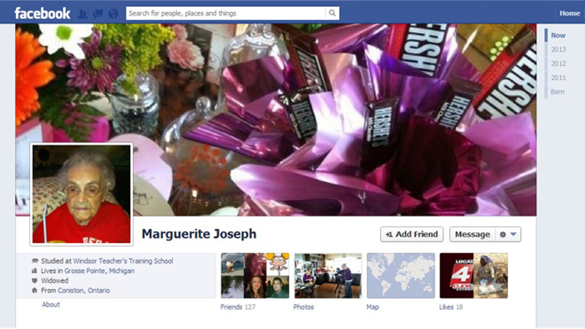 A screenshot of the Facebook page for Marguerite Joseph, a 104-yera-old Michigan woman who says the site won't allow her to enter her real birthdate -- the site only allows dates going back to 1928.