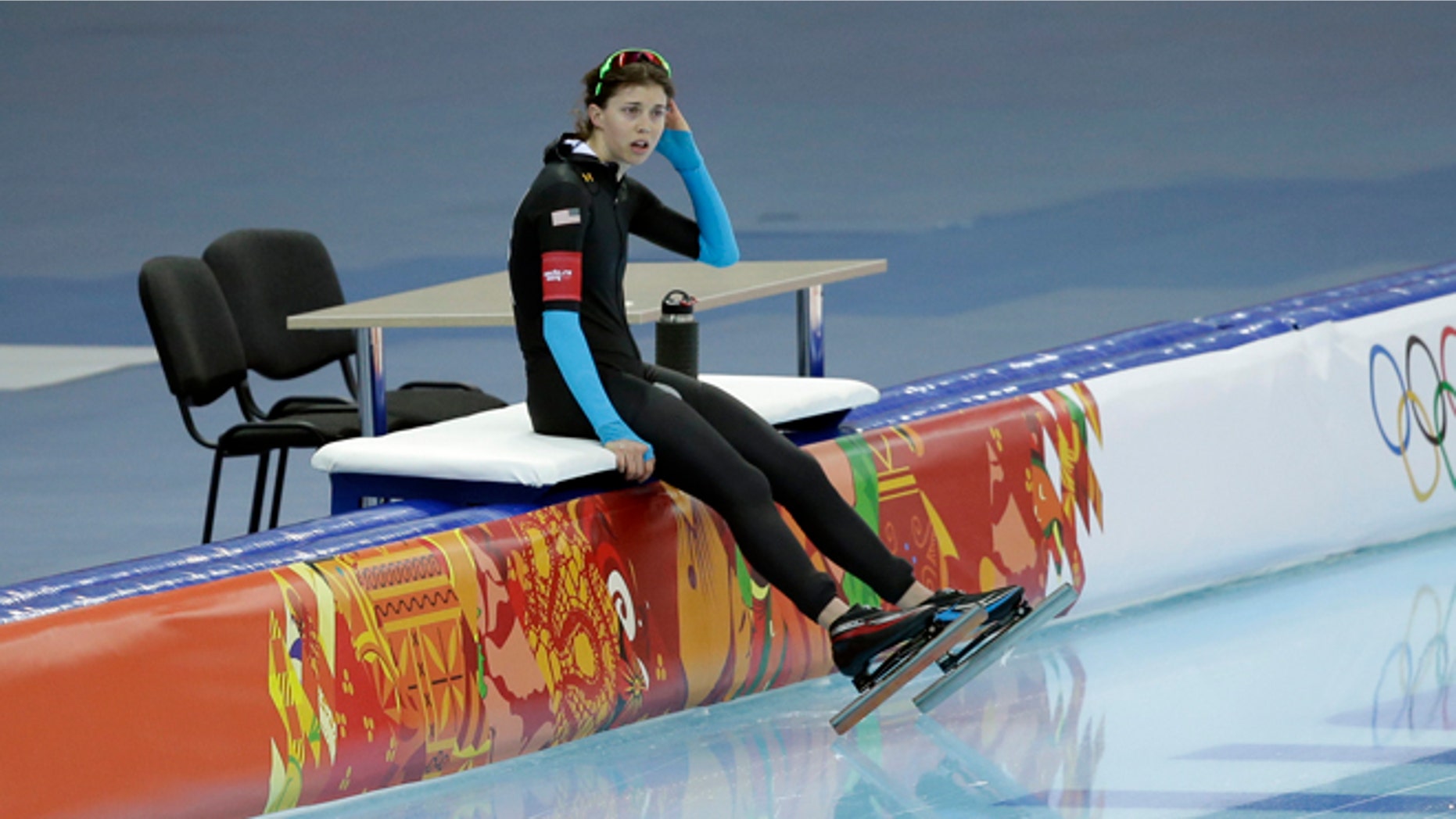 Feb. 19, 2014: Maria Lamb of the U.S. rests after competing in the women's 5,000-meter speedskating race at the Adler Arena Skating Center during the 2014 Winter Olympics in Sochi, Russia.