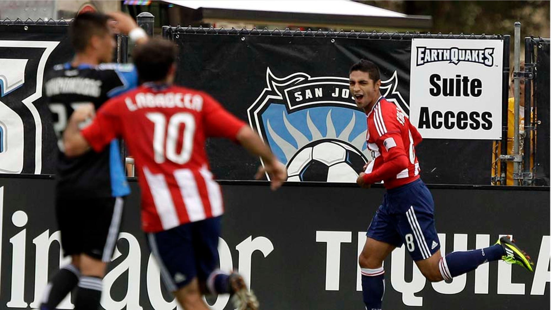 Chivas USA's Mariano Trujillo (8) celebrates after scoring against the San Jose Earthquakes during the second half of an MLS soccer game in Santa Clara, Calif., Saturday, April 23, 2011. Chivas USA won 2-1. (AP Photo/Marcio Jose Sanchez)