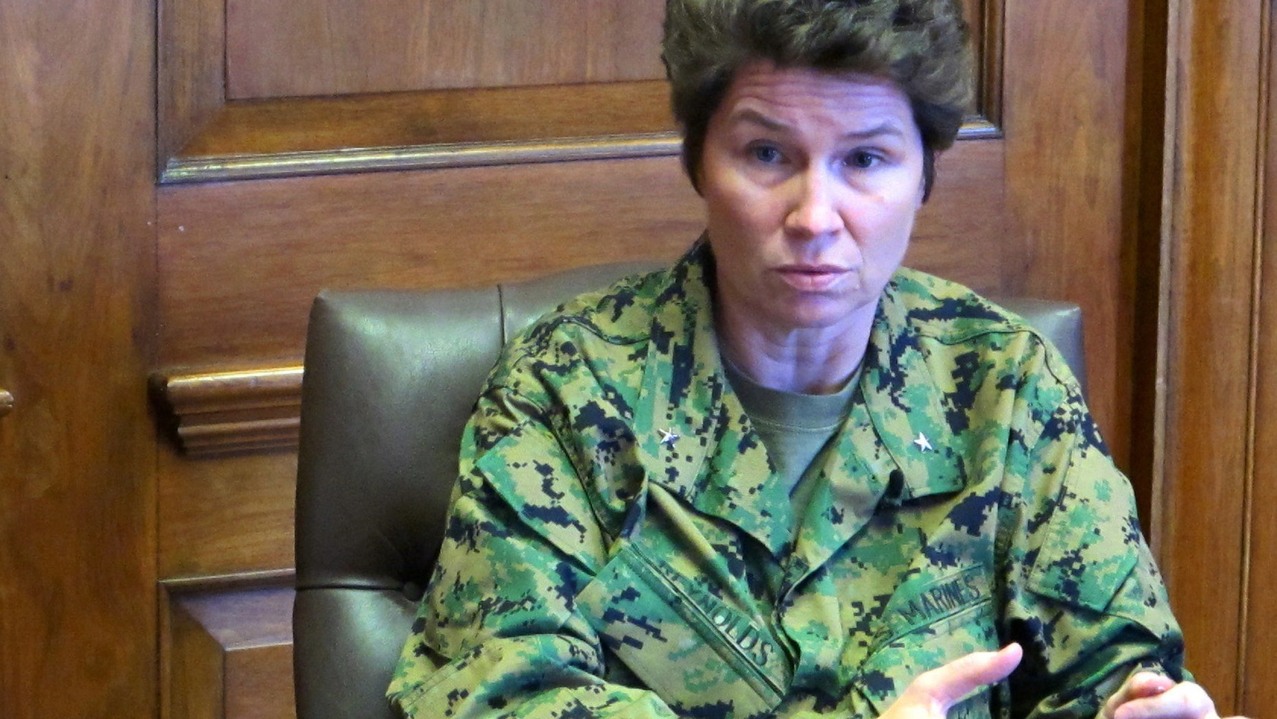 Feb. 21, 2013: In this photo, Marine Brig. Gen. Loretta Reynolds answers a question during an interview at the Marine Corps Training Depot on Parris Island, S.C.
