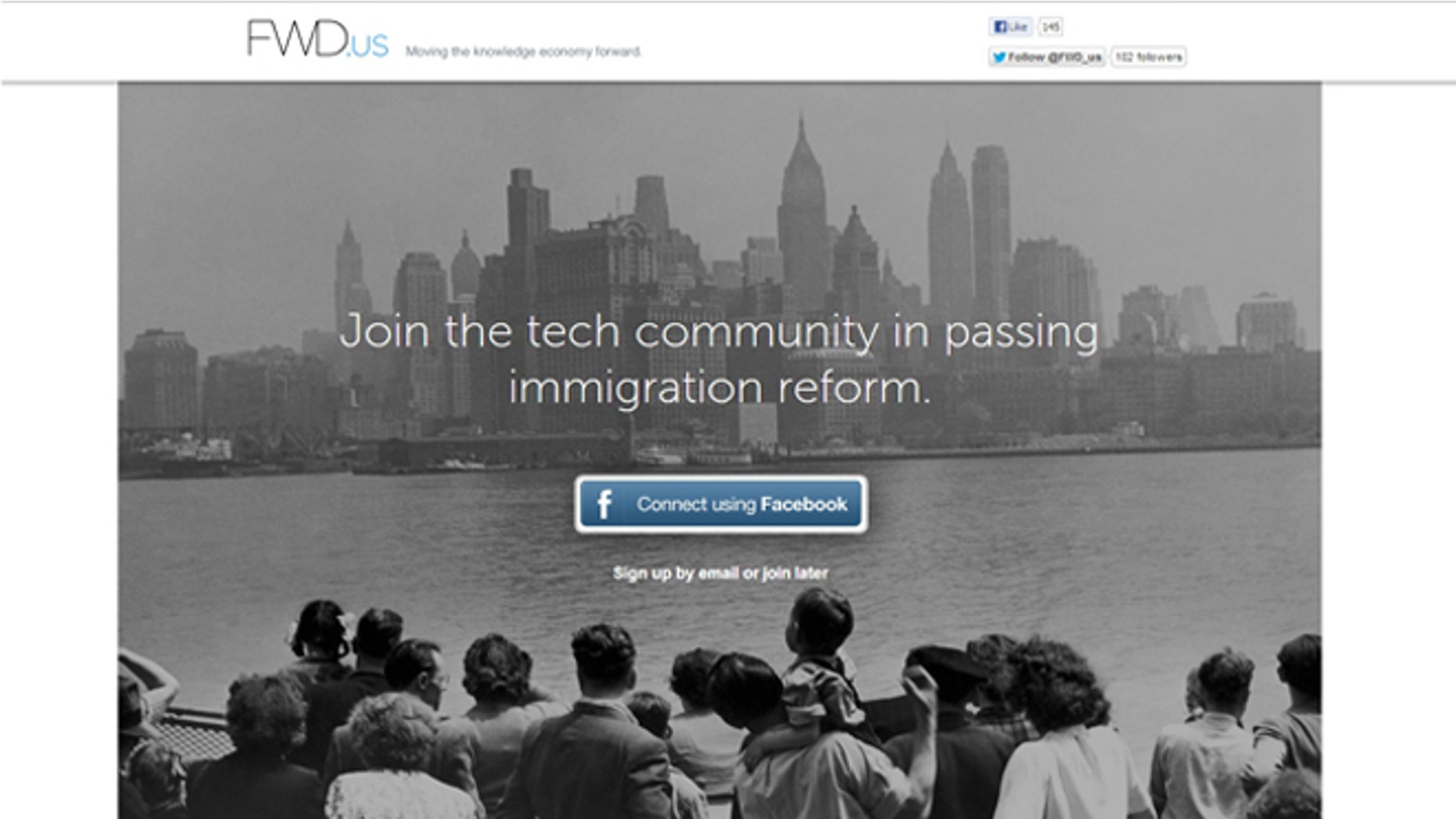 Apr. 11, 2013: A screenshot of the homepage for Fwd.us, a new political action group launched by Facebook founder Mark Zuckerberg.
