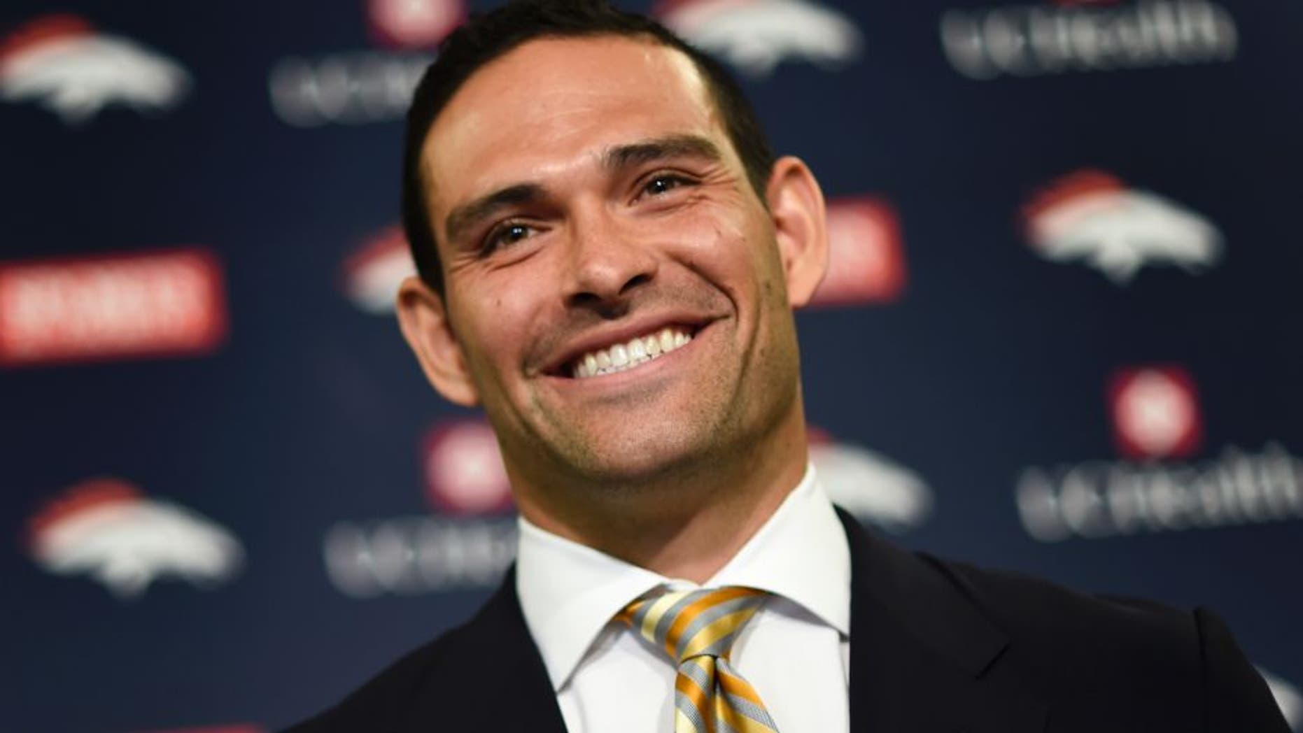 CENTENNIAL, CO - MARCH 14: New Broncos quarterback Mark Sanchez is introduced at Dove Valley, March 14, 2016. Sanchez will get the chance to compete for the job of replacing Peyton Manning as the Broncos starting quarterback. (Photo by RJ Sangosti/The Denver Post via Getty Images)