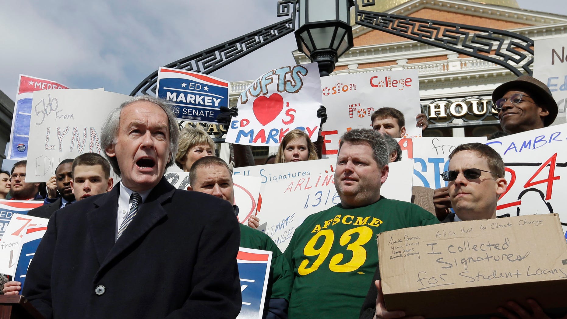 FILE: March 4, 2013: Democratic U.S. Senate hopeful and Rep. Edward Markey speaks to supporters outside the Statehouse in Boston, Mass.