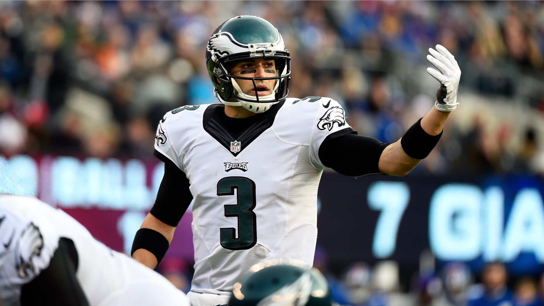 EAST RUTHERFORD, NJ - DECEMBER 28: Mark Sanchez #3 of the Philadelphia Eagles looks on against the New York Giants during a game at MetLife Stadium on December 28, 2014 in East Rutherford, New Jersey. (Photo by Alex Goodlett/Getty Images)