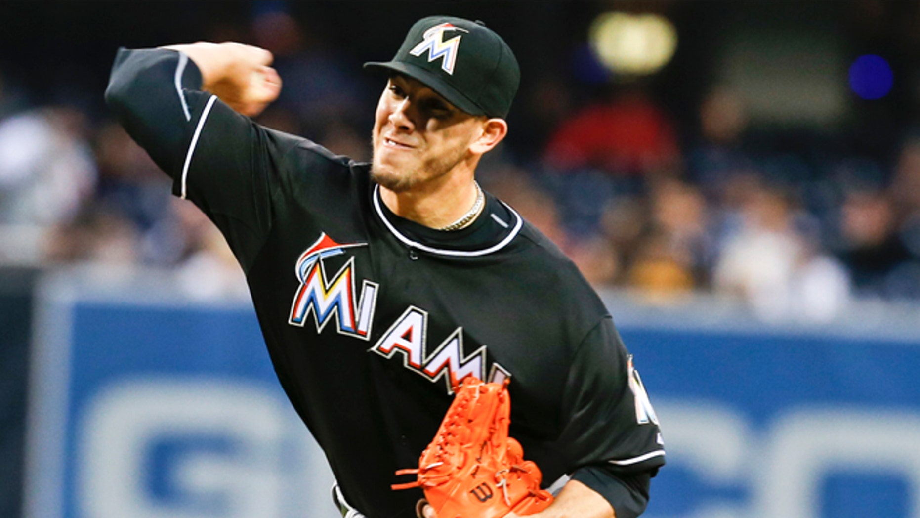 Miami Marlins starting pitcher Jose Fernandez works the first inning against the San Diego Padres during a baseball game on Friday, May 9, 2014, in San Diego. (AP Photo/Lenny Ignelzi)