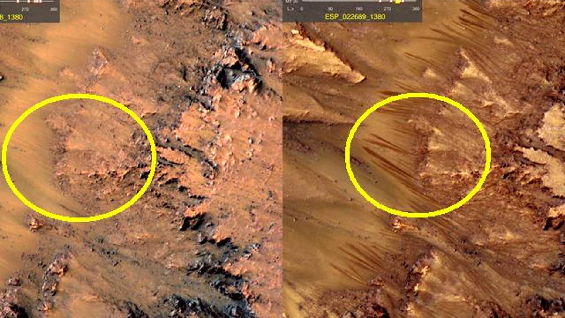 Researchers studying images from a NASA satellite have detected dark patterns (circled) that ebb and flow on Mars -- evidence, perhaps, of a salty brine water.