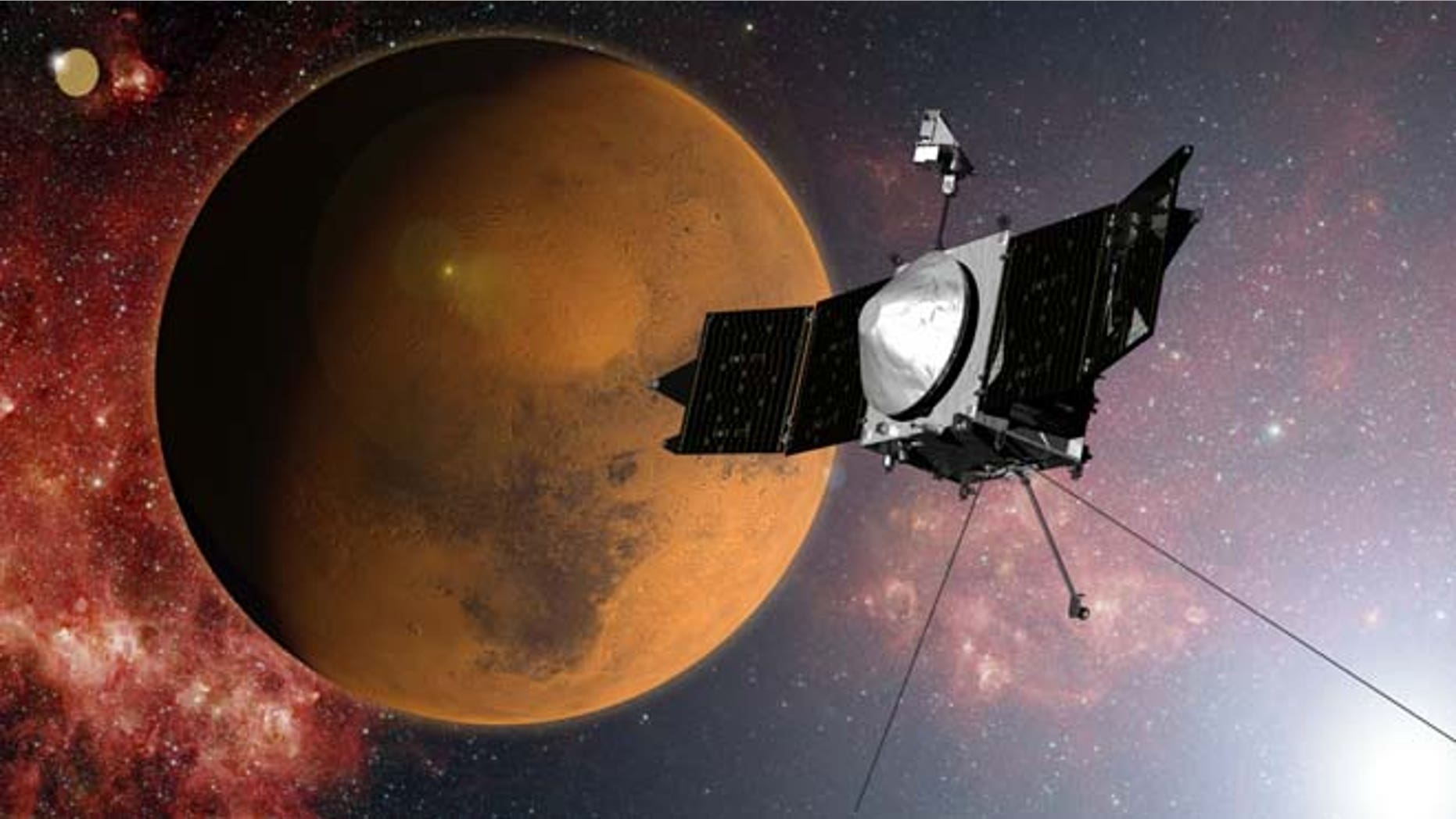 In this artist concept provided by NASA, the MAVEN spacecraft approaches Mars on a mission to study its upper atmosphere. (AP/NASA)