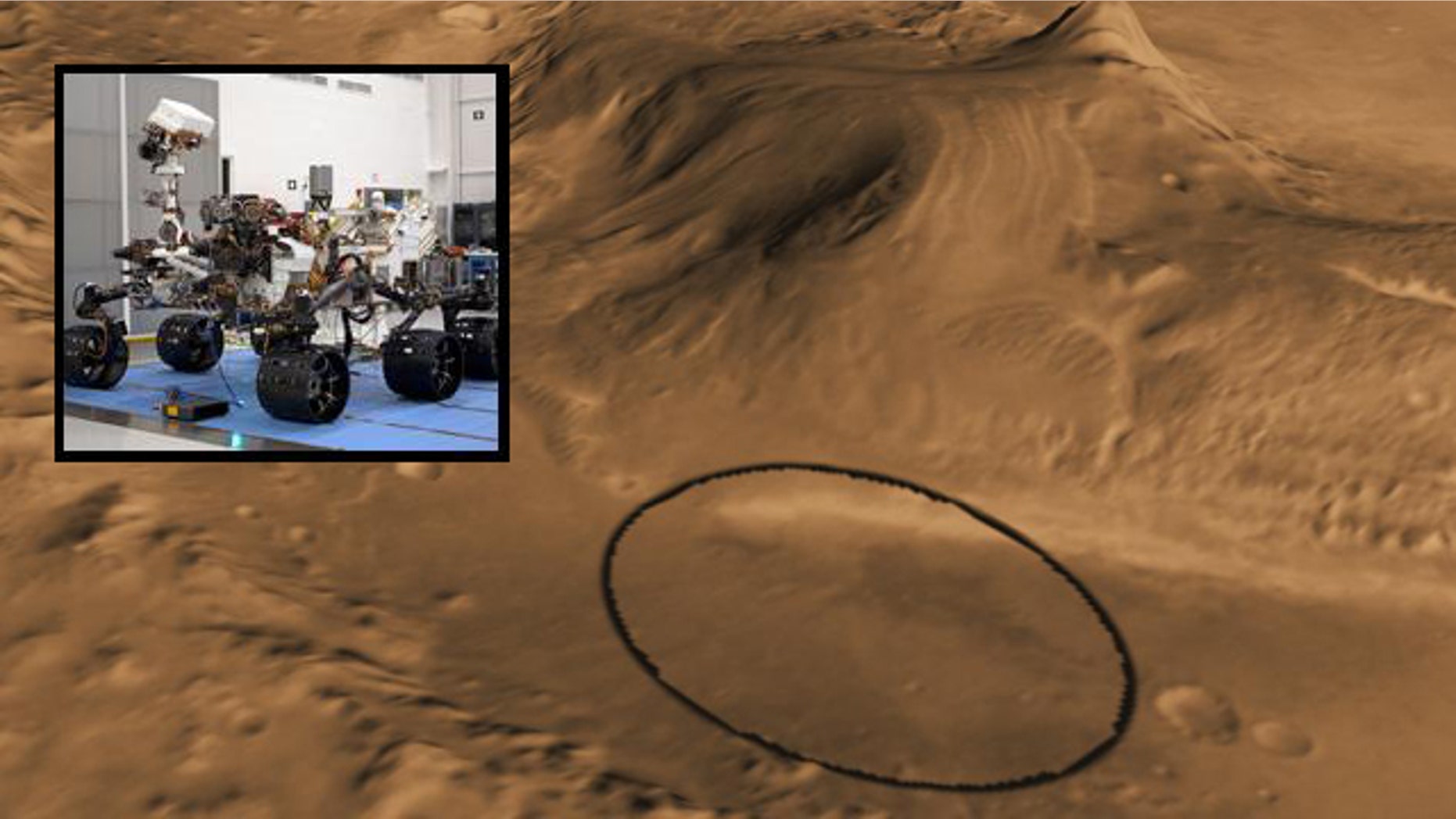 This computer-generated view shows Mars' Gale crater (circled), which NASA has selected as the landing site for the next Mars rover (inset), due to hit the planet in August 2012.