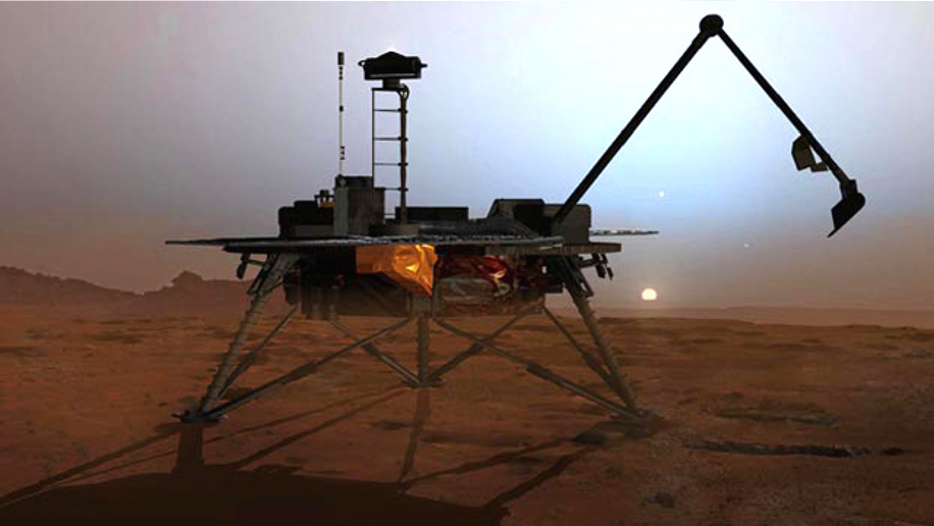 In this artist's concept illustration, NASA's Phoenix Mars Lander begins to shut down operations as winter sets in.