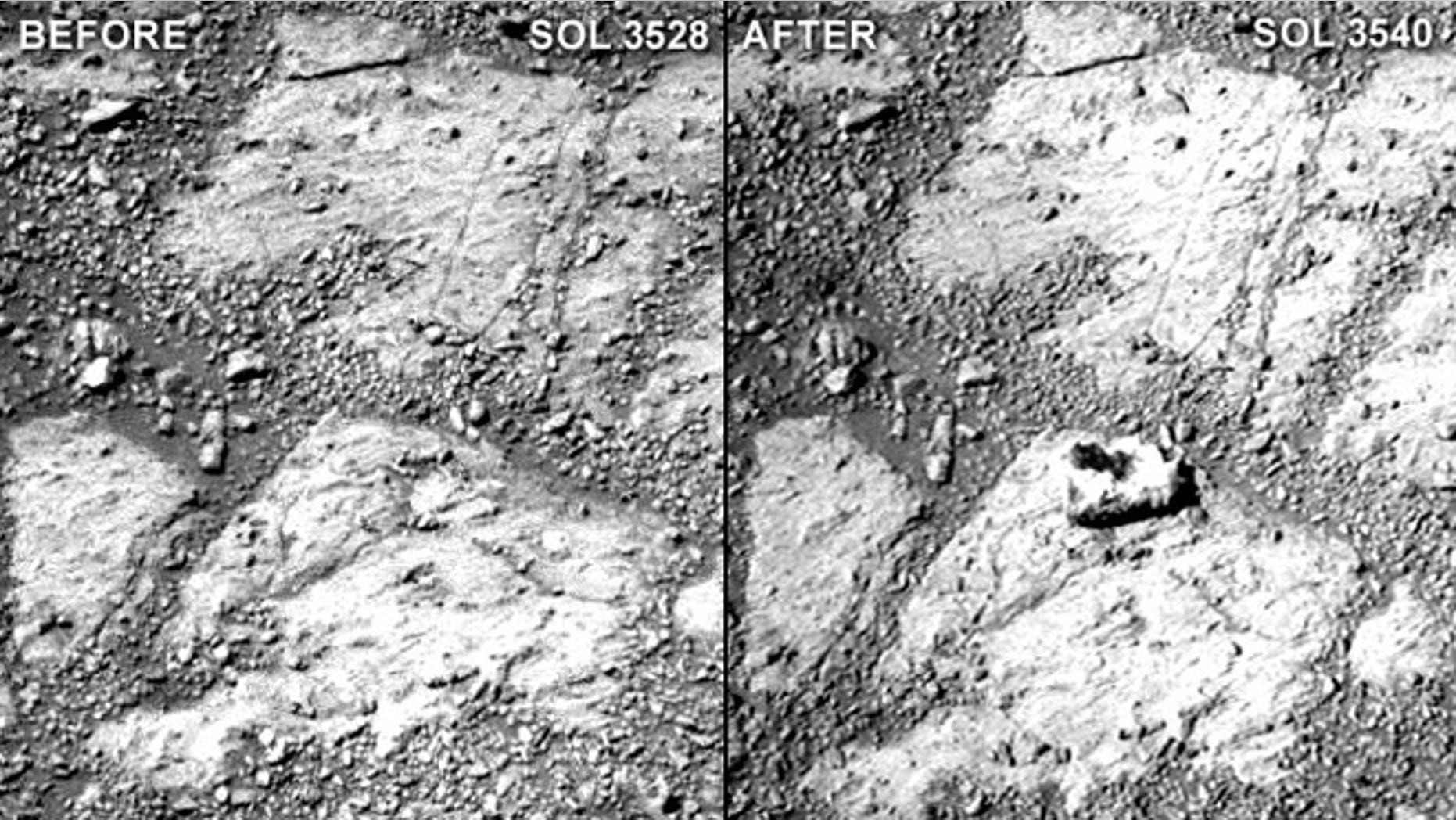 A comparison of two raw Pancam photographs from sols 3528 and 3540 of Opportunity's mission (a sol is a Martian day). Notice the "jelly doughnut"-sized rock in the center of the photograph to the right. Minor adjustments for brightness and contrast were made to these images.