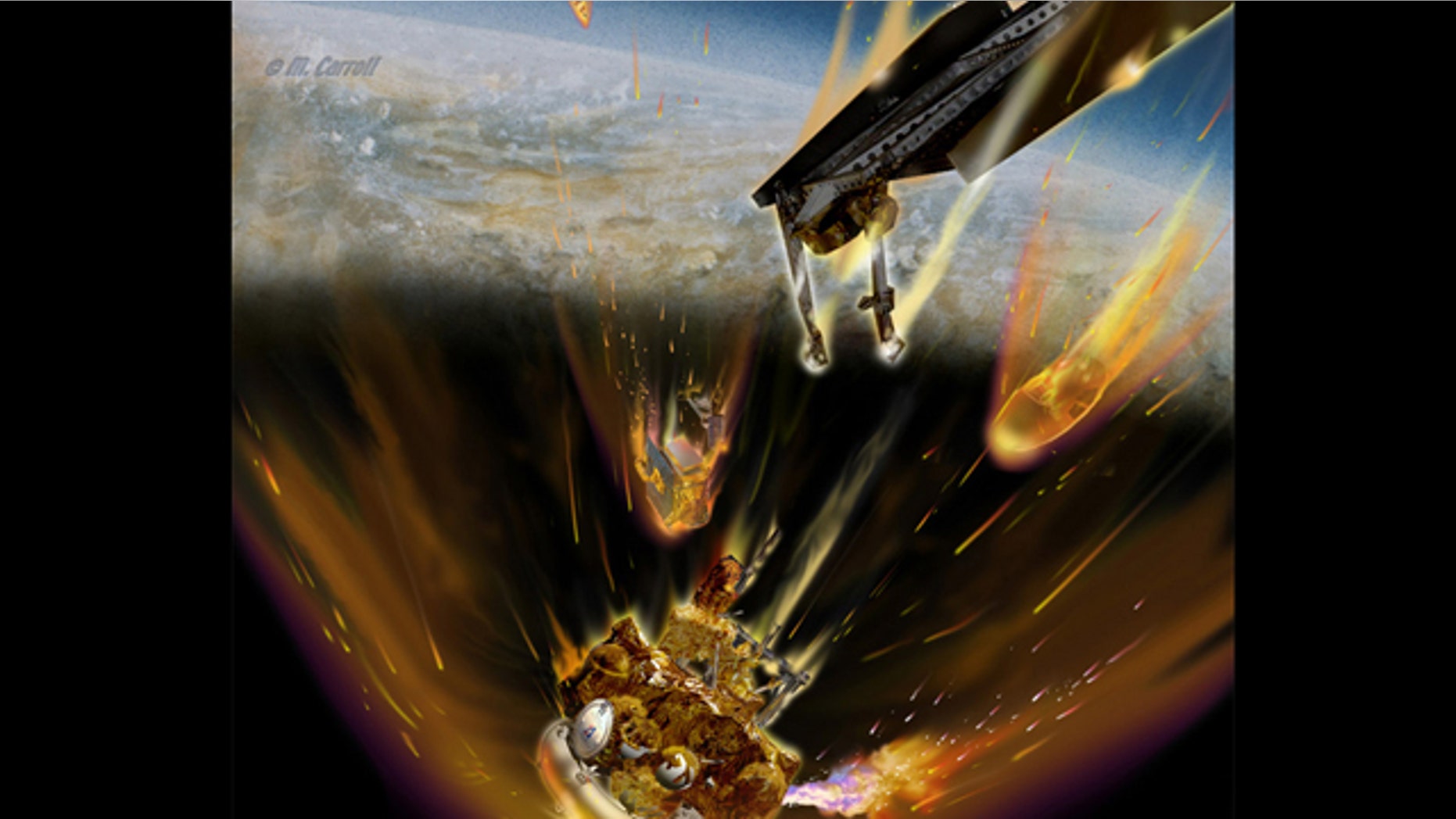 This artist's concept shows fuel from Russia's failed Mars probe Phobos-Grunt burning from a ruptured fuel tank as the spacecraft re-enters the atmosphere.