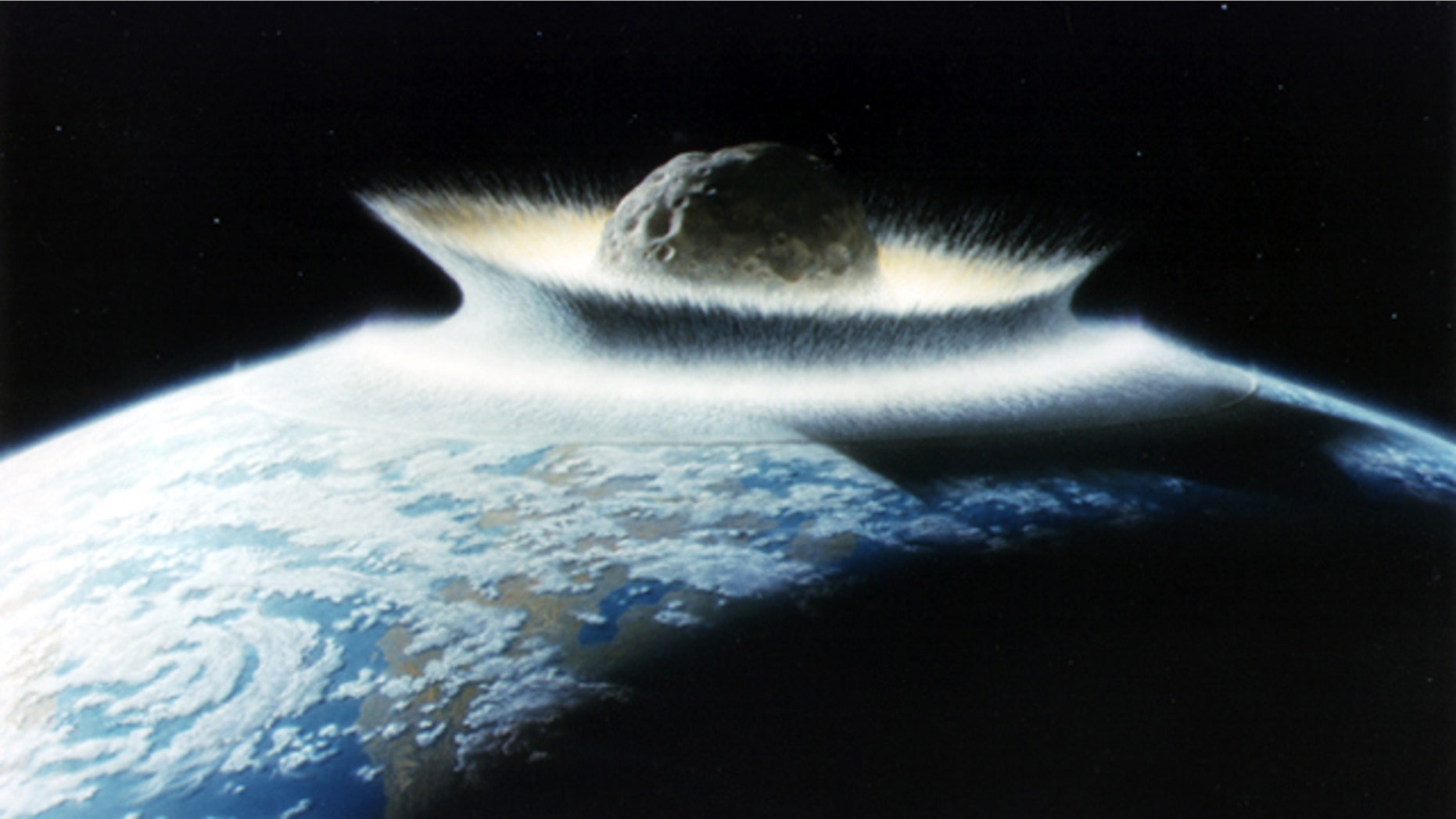 A NASA artist's concept of a catastrophic asteroid impact with the Earth.