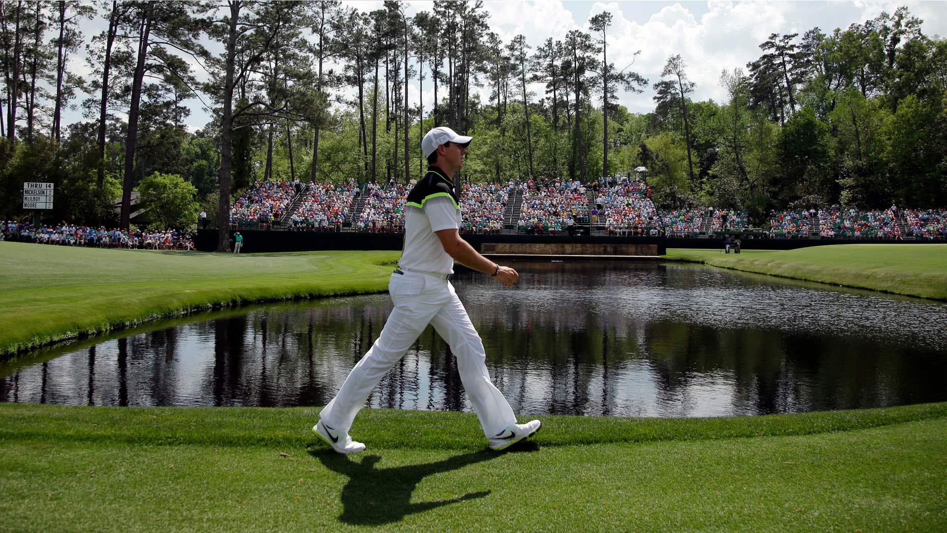 April 9, 2015: Rory McIlroy, of Northern Ireland, walks on the 15th fairway during the first round of the Masters golf tournament.