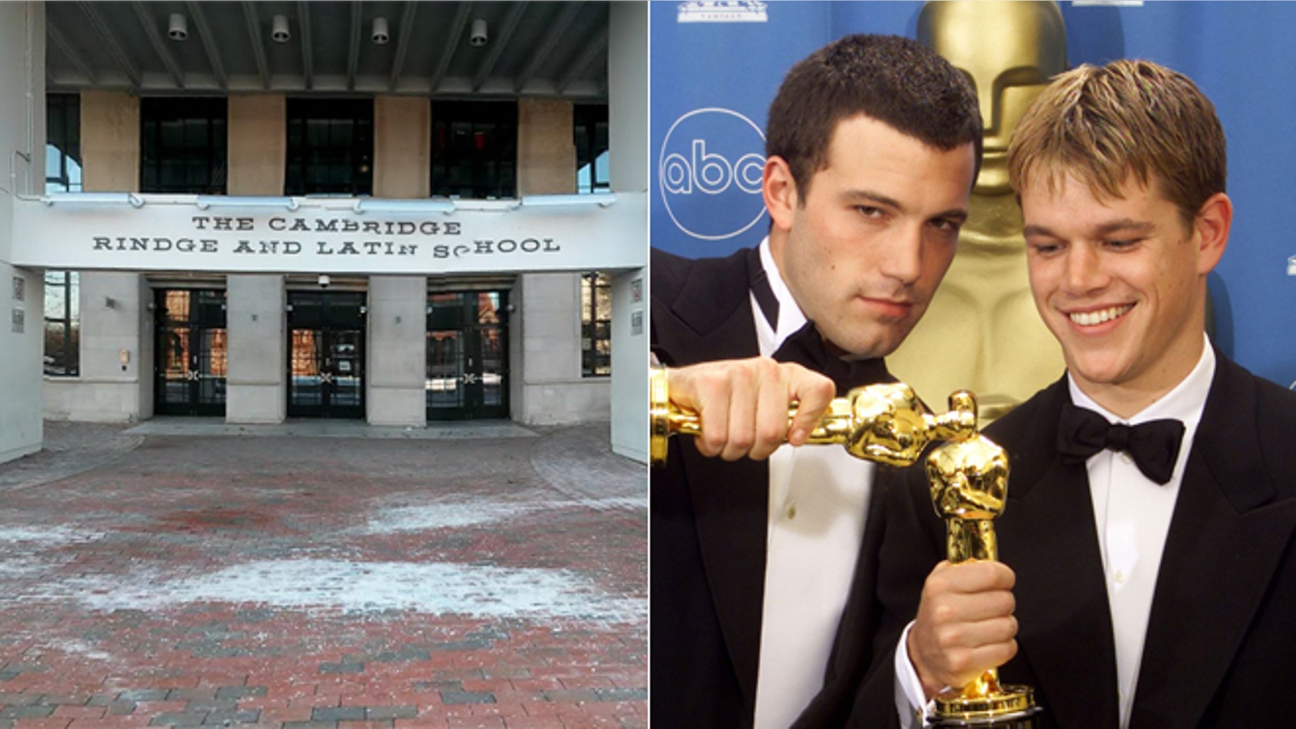 The Cambridge Latin and Rindge School is seen on the left. Actors Ben Affleck and Matt Damon pose together in a 1998 file photo, right.