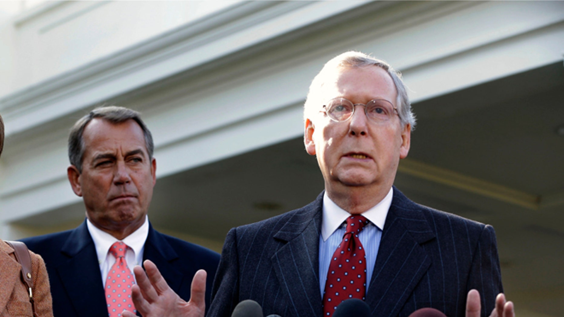 FILE: Friday, Nov. 16, 2012: Senate Minority Leader Mitch McConnell and House Speaker John Boehner outside the White House in Washington.