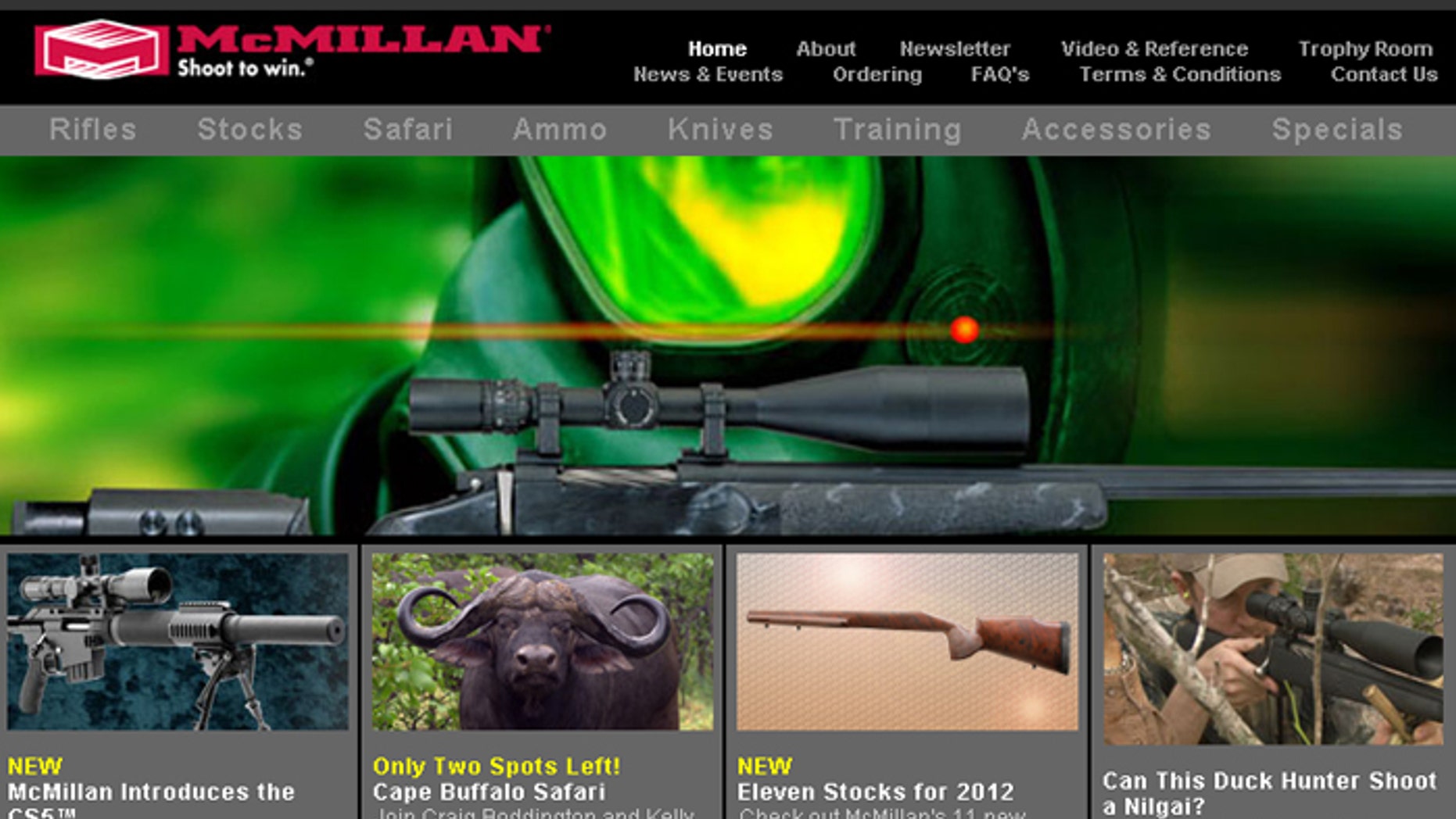 This screenshot shows the website for McMillian, a gun manufacturer that says Bank of America objected to its type of business.