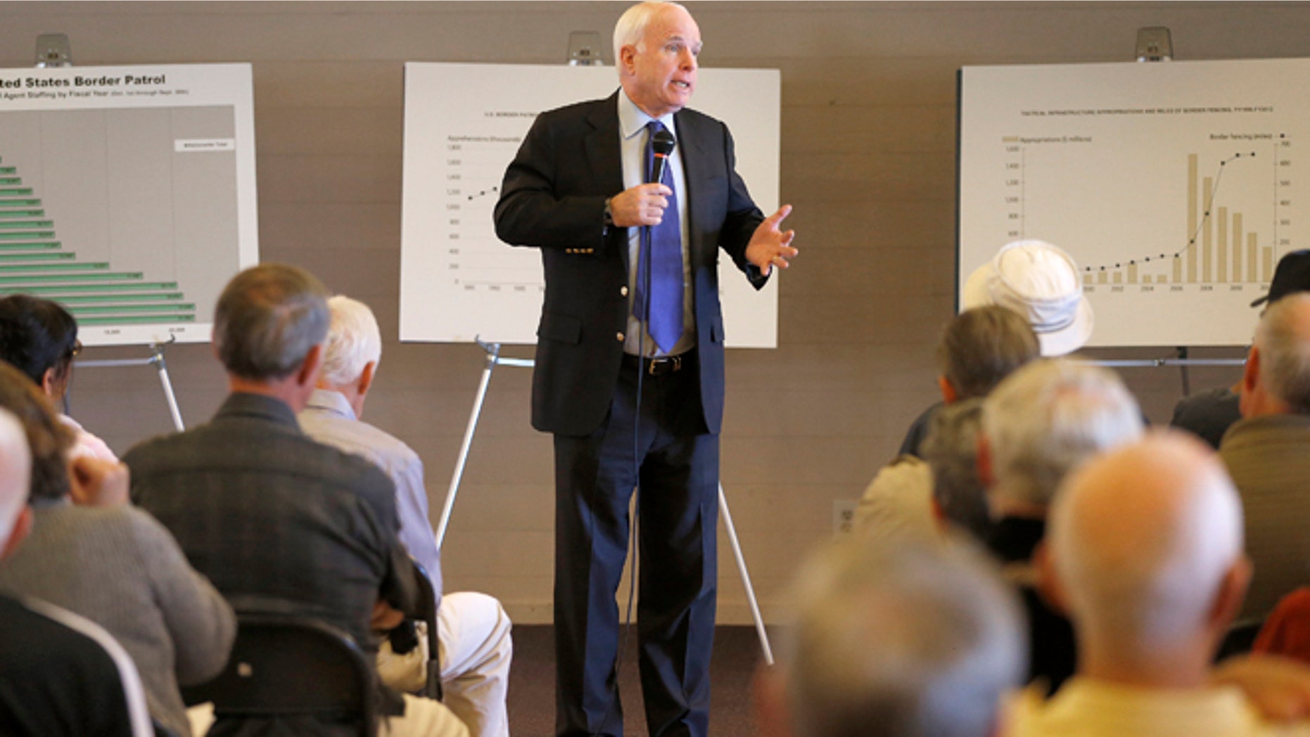 U.S. Sen. John McCain, R-Ariz., speaks during a town hall, Tuesday, Feb. 19, 2013, in Sun Lakes, Ariz. McCain defended his proposed immigration overhaul to an angry crowd in suburban Arizona in the latest sign that this border state will play a prominent role in the national immigration reform debate. (AP Photo/Matt York)