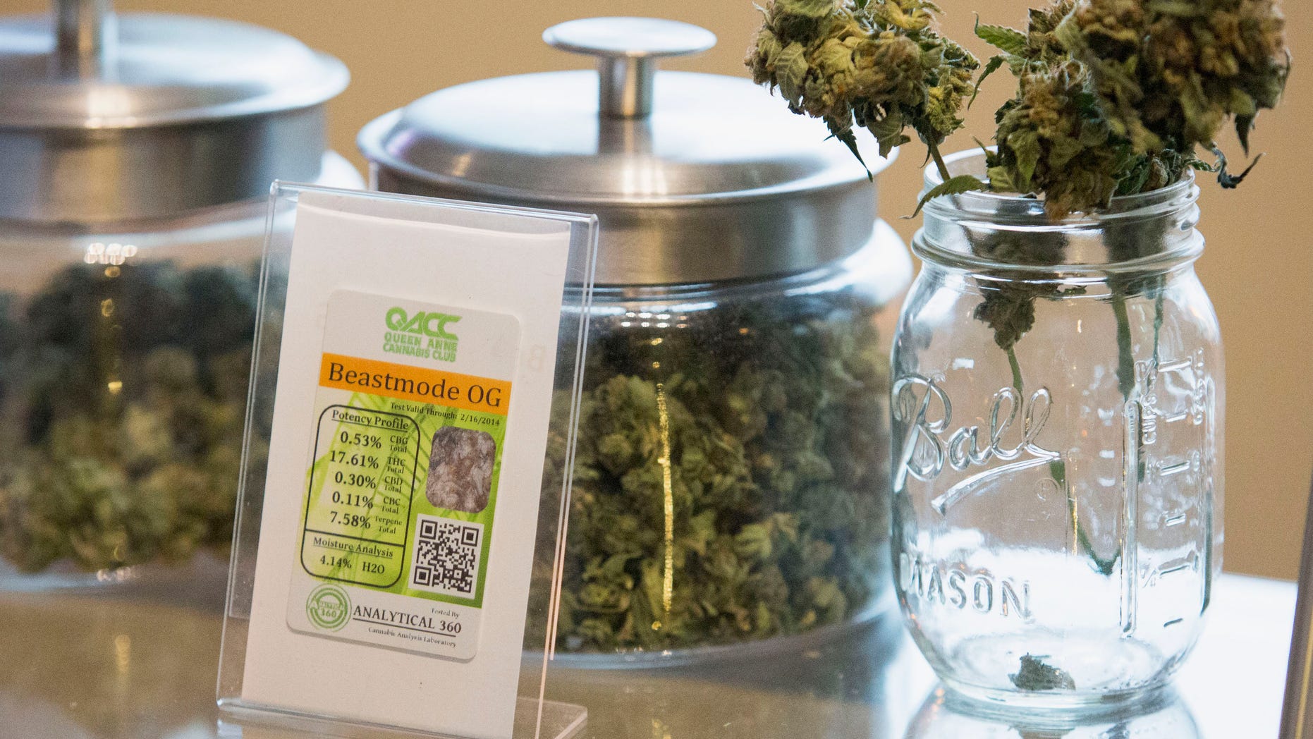 Jars of marijuana are pictured in the Queen Anne Cannabis Club in Seattle, Washington January 28, 2014. (REUTERS/Jason Redmond)