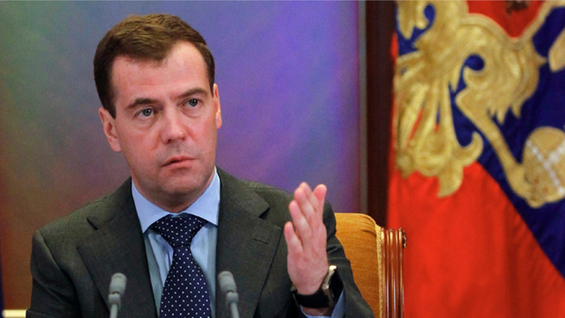 March 21: Russian President Dmitry Medvedev gestures while speaking during a meeting at the Gorki residence outside Moscow. Medvedev rebuked Prime Minister Vladimir Putin who called the UN-approved military operation against Libya a 'crusade.'