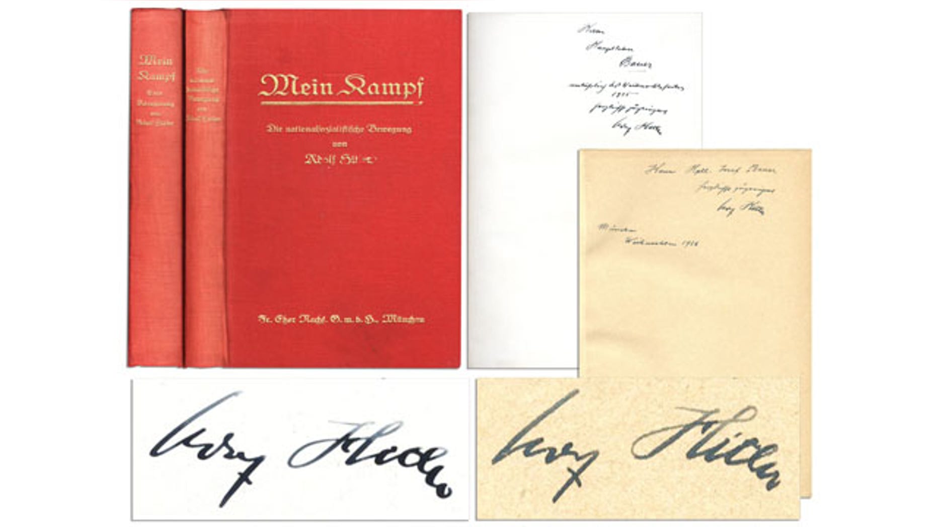 This undated image provided by Nate D. Sanders Auction shows the Adolph Hitler inscribed "Mein Kampf" volume to future SS leader Joseph Bauer. The signed two-volume set of “Mein Kampf”, the manifesto of the future Fuhrer will be auctioned by Nate D. Sanders on Thursday, Feb. 27, 2014. Interested bidders may participate in the auction online. (AP)