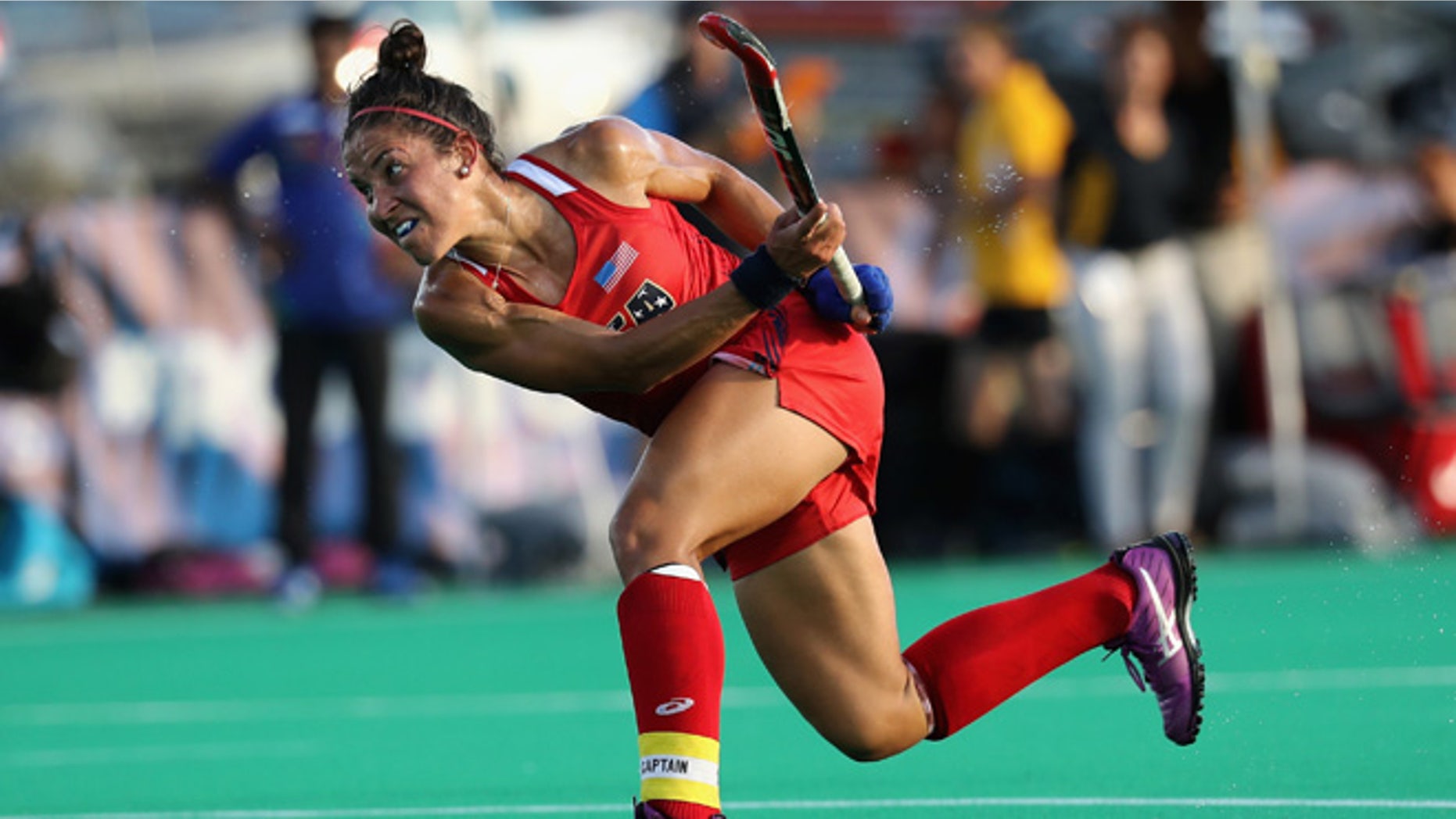 MANHEIM, PA - JULY 18: Melissa Gonzalez #5 of Team USA takes a shot against Team India in the first half during a field hockey match in preparation for the upcoming Rio Olympics on July 18, 2016 in Manheim, Pennsylvania. (Photo by Rob Carr/Getty Images)