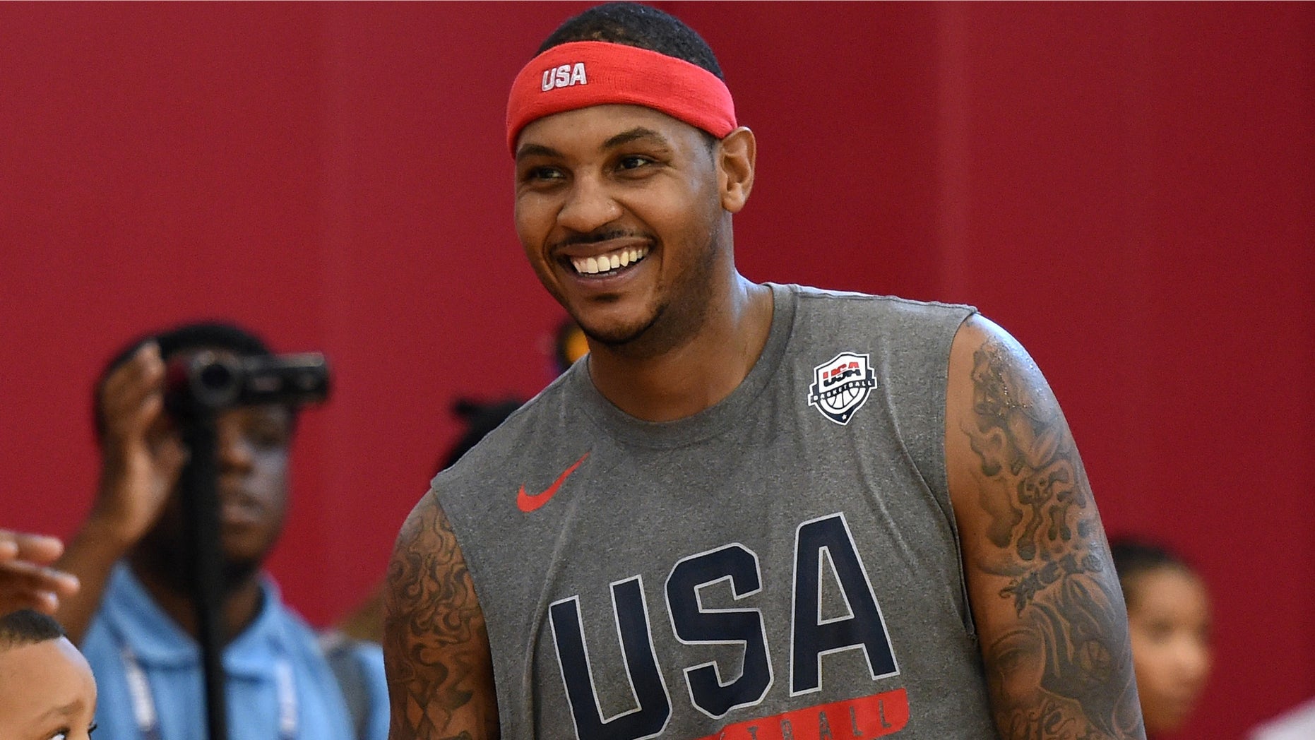 LAS VEGAS, NV - JULY 18: Carmelo Anthony (L) #15 of the 2016 USA Basketball Men's National Team laughs on the court during a practice session at the Mendenhall Center on July 18, 2016 in Las Vegas, Nevada. (Photo by Ethan Miller/Getty Images)