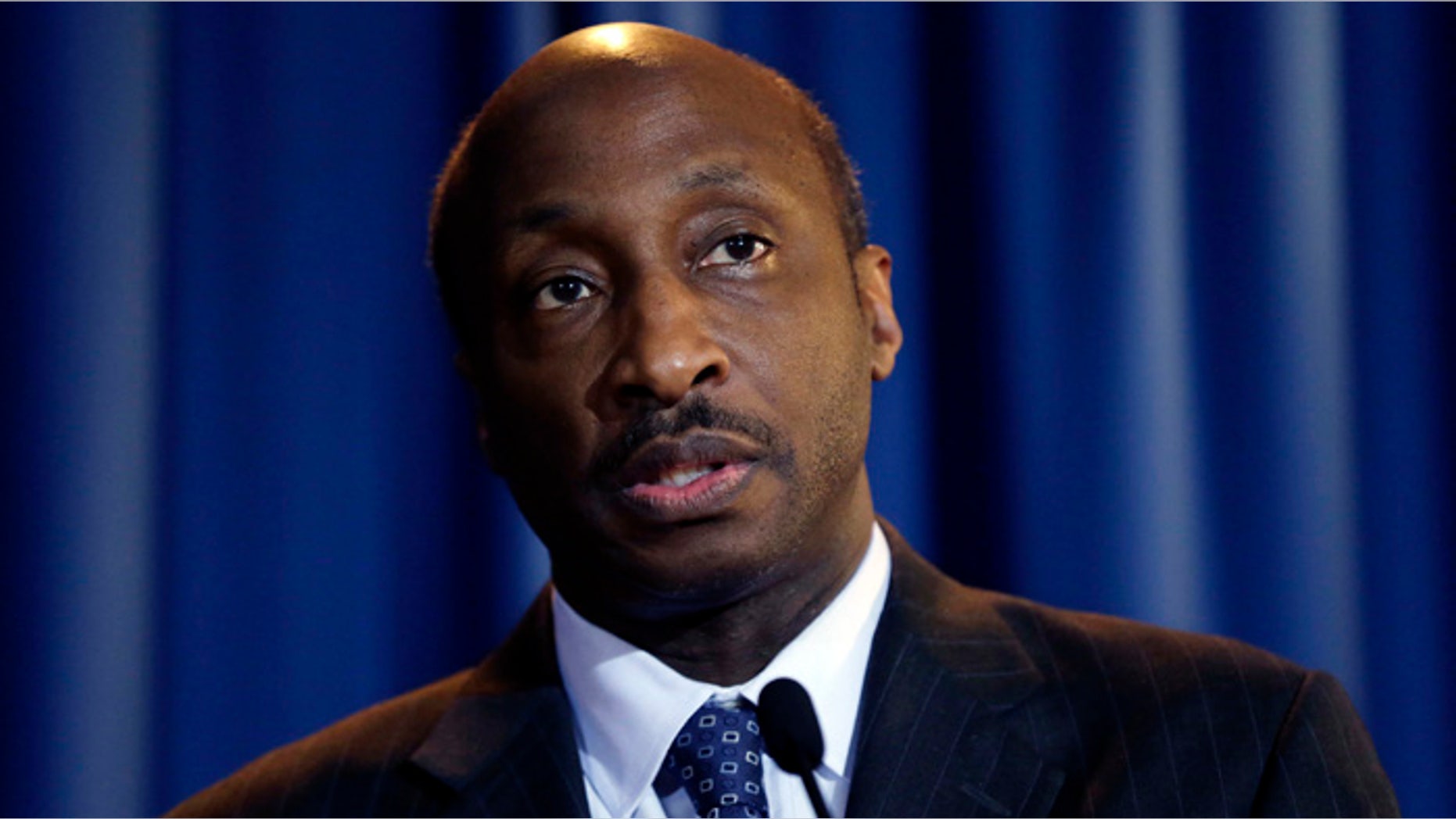 Merck CEO Kenneth Frazier speaks at a news conference after a meeting at Penn State University's Worthington Scranton campus in Dunmore, Pa.
