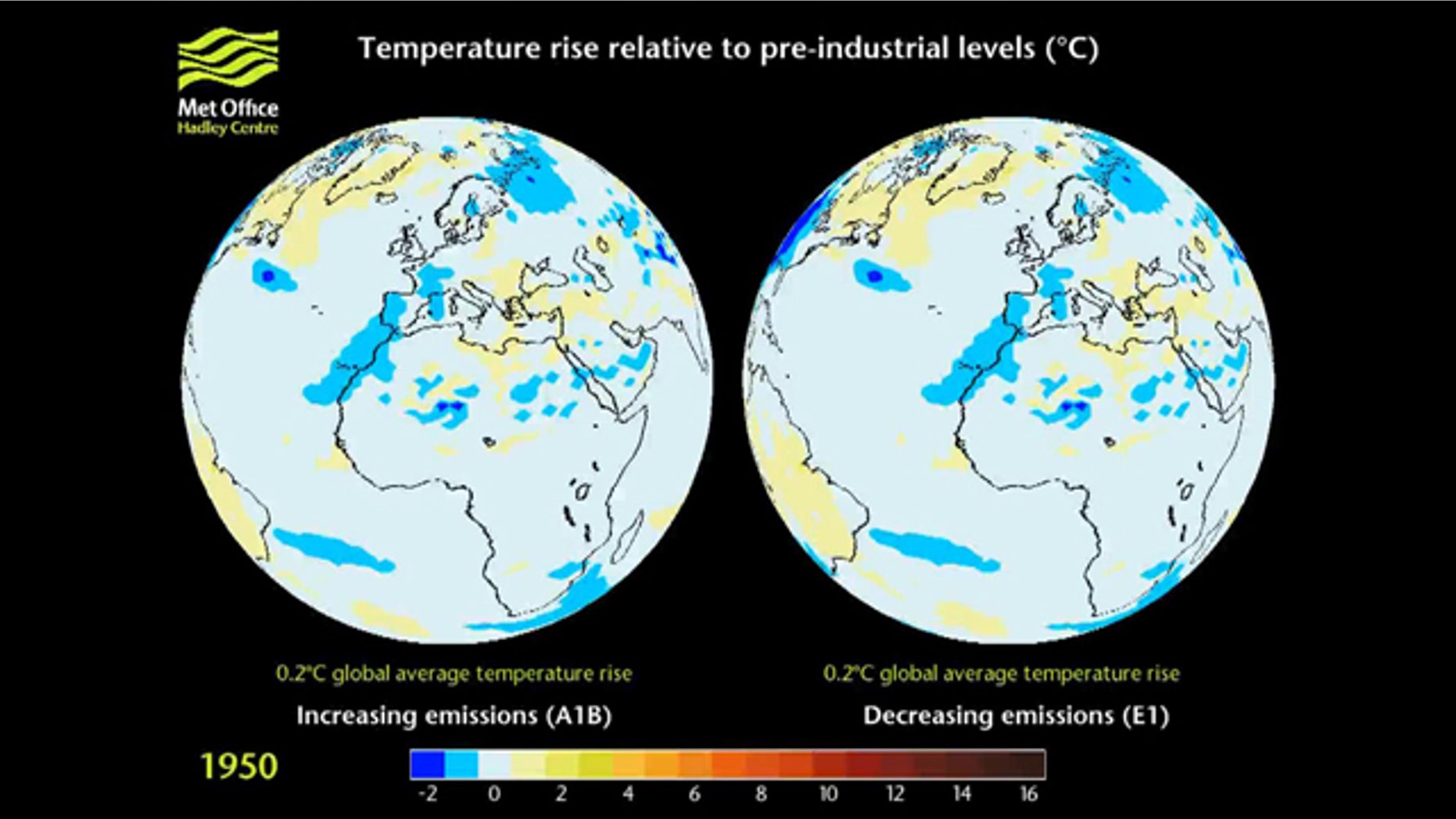 Met Office Hadley Centre projections of temperature change relative to pre-industrial levels, under two different emissions scenarios. Now the agency is proposing starting its climate models scratch.