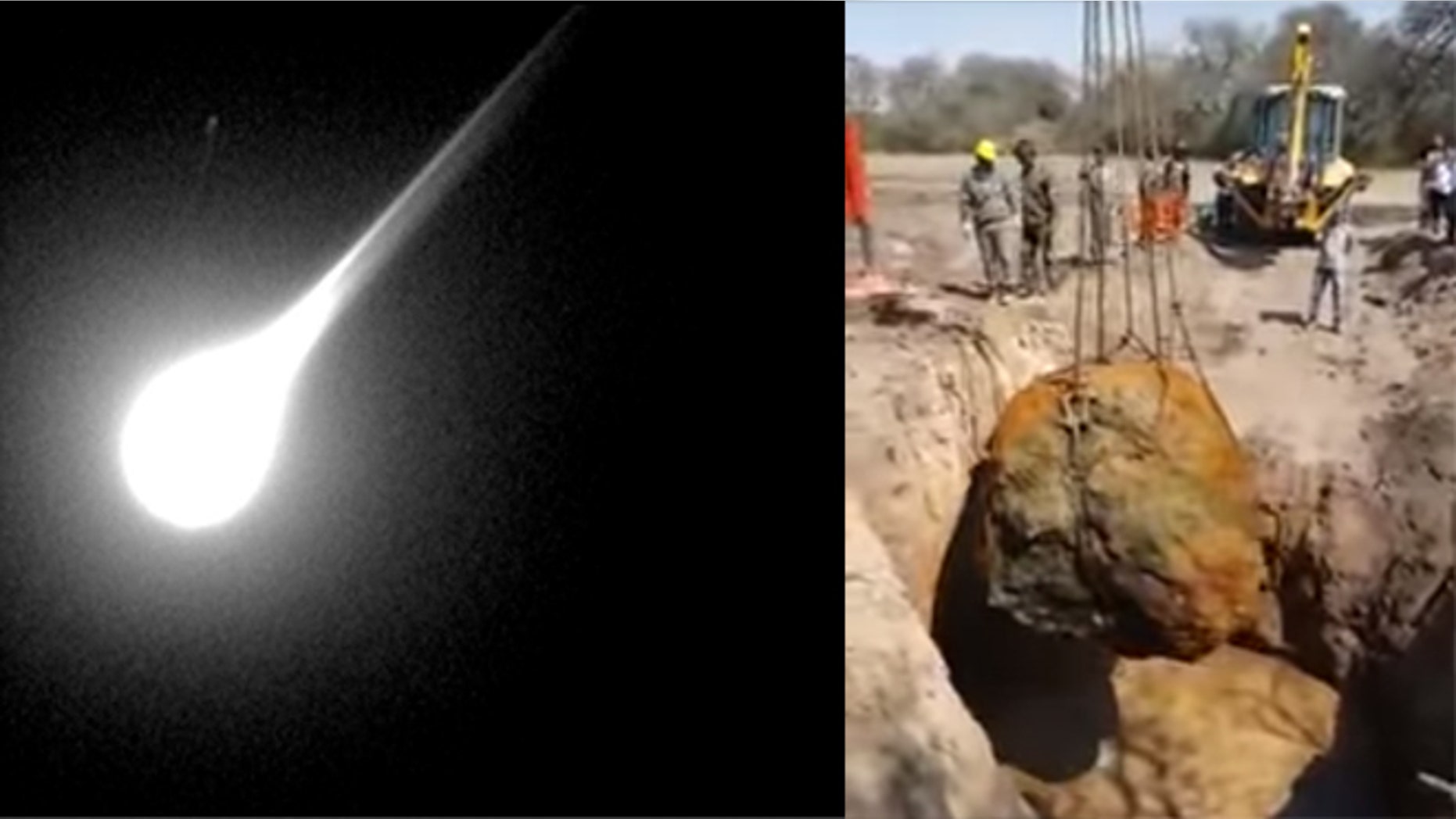 A meteorite entering the Earth's atmosphere (left), and the Gancedo meteorite found in Argentina. (Images: Left, photo by George Varros and Dr. Peter Jenniskens/NASA/Getty Images; right, screen grab from video released by Argentine government.)