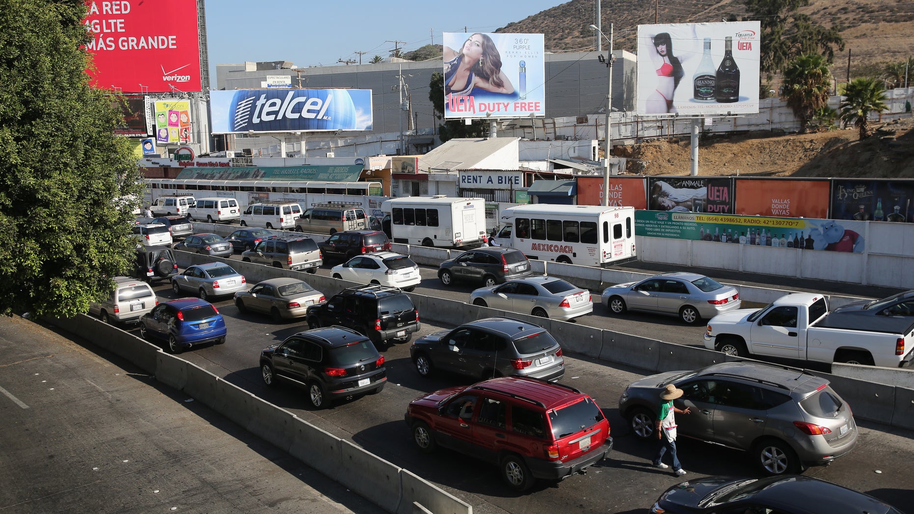 Traffic waits to cross the border into the United States on October 2, 2013 in Tijuana, Mexico.