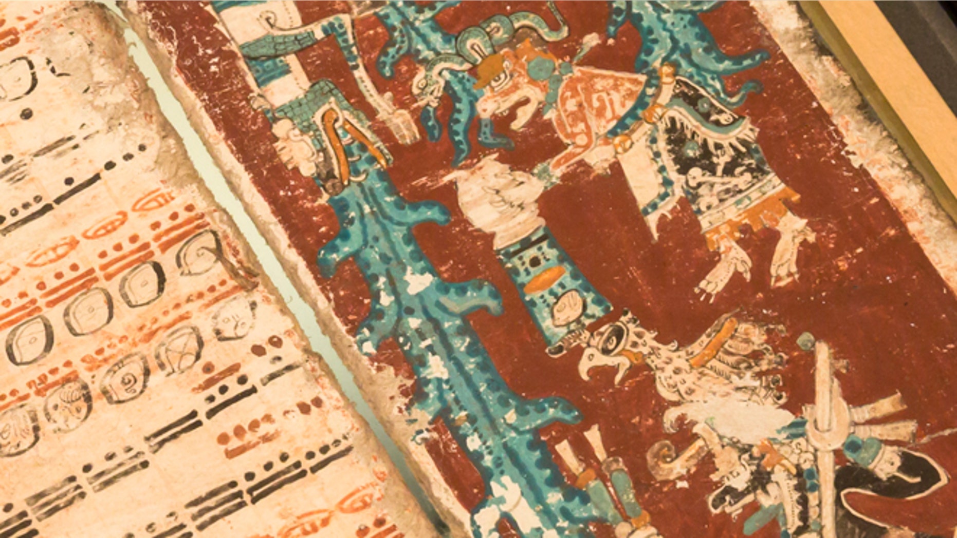 DRESDEN, GERMANY - NOVEMBER 08: A sky caiman vomits water on one of the last pages of the 12th-century Dresden Codex, also known as the "Codex Dresdensis", one of four historic Mayan manuscripts that still exist in the world and that together suggest modern civilization will come to an end on December 21, at the Saxon State Library on November 8, 2012 in Dresden, Germany. The documents enumerate the Mayan calendar, which will complete its 13th cycle on December 21, 2012 and many people across the globe are interpreting the calendar to mean impending global devastation and the birth of a new order are near. (Photo by Joern Haufe/Getty Images)
