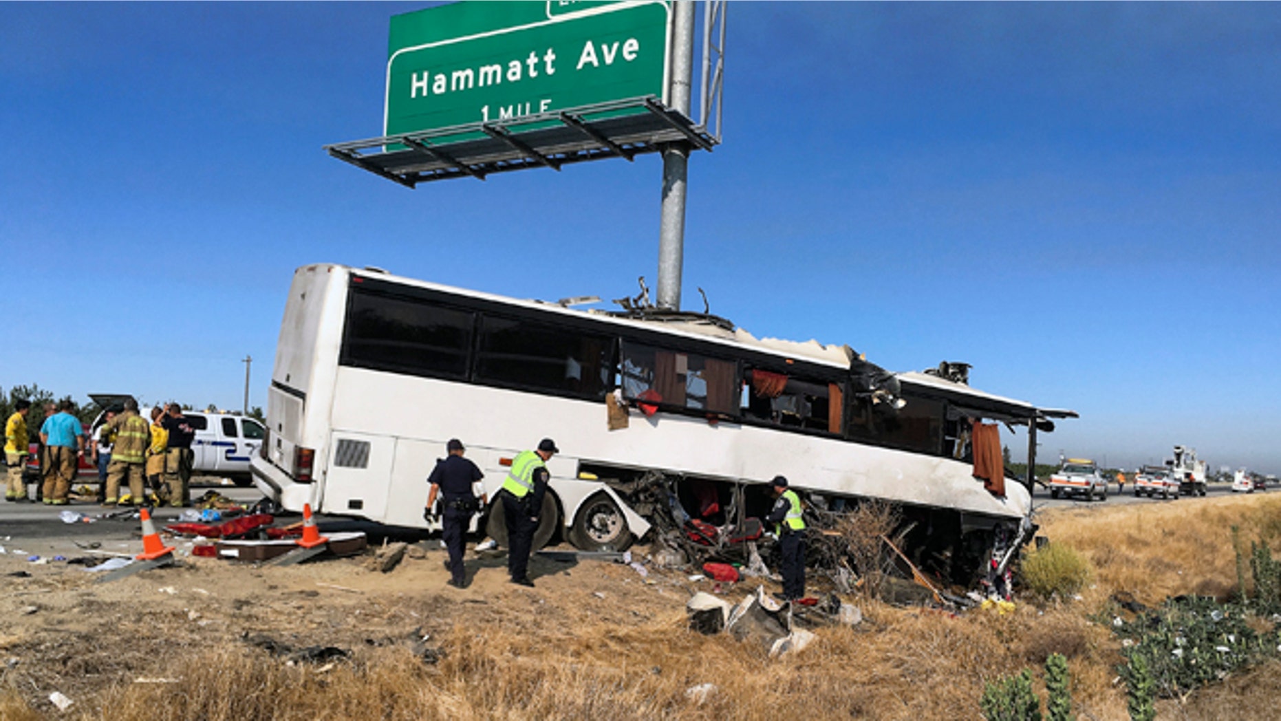 Scene of a charter bus crash on northbound Highway 99 between Atwater and Livingston, Calif., Tuesday, Aug. 2, 2016.